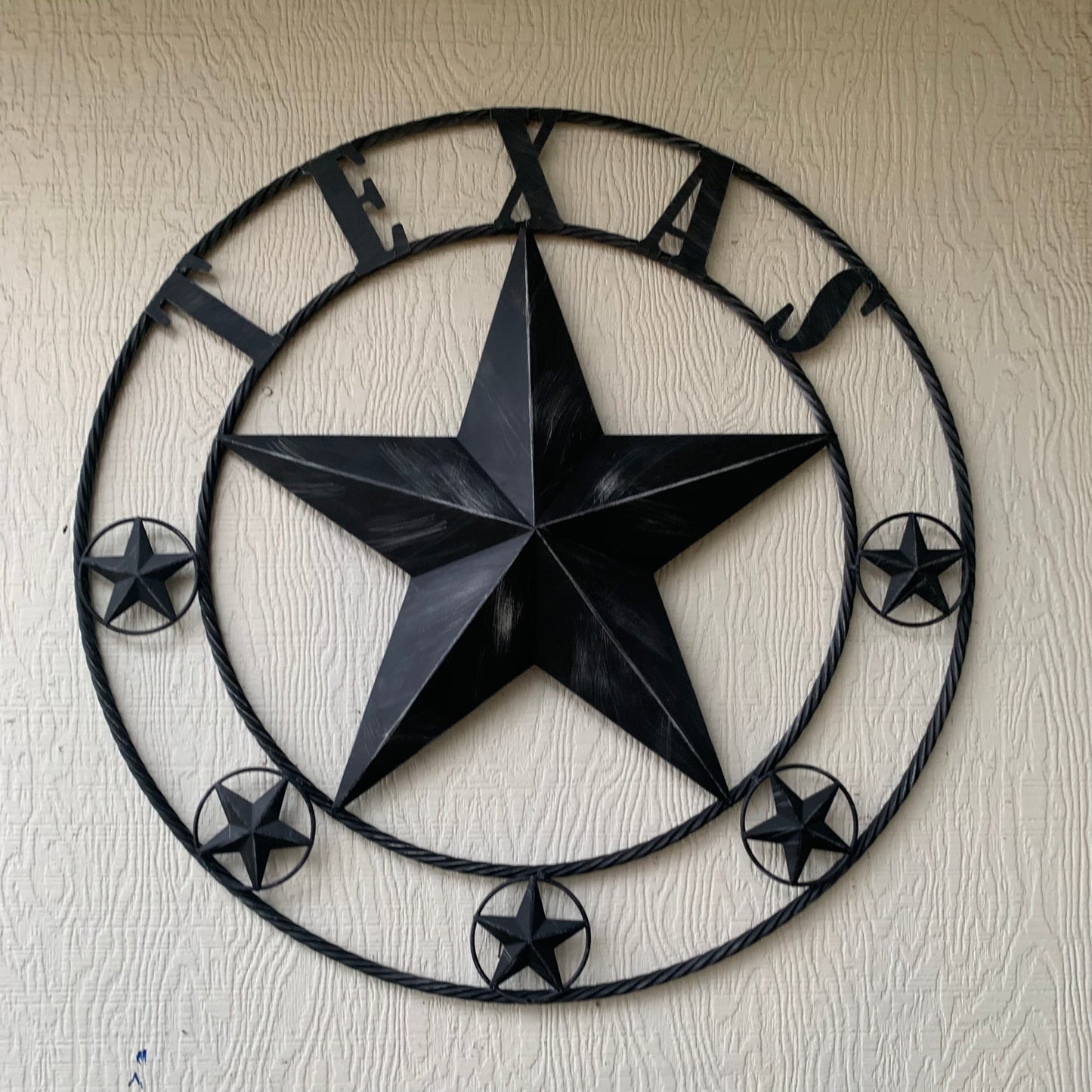 TEXAS BLACK DISTRESSED STAR TWO TONE TEXTURE BARN STAR METAL LONESTAR TWISTED ROPE RING WESTERN HOME DECOR HANDMADE NEW