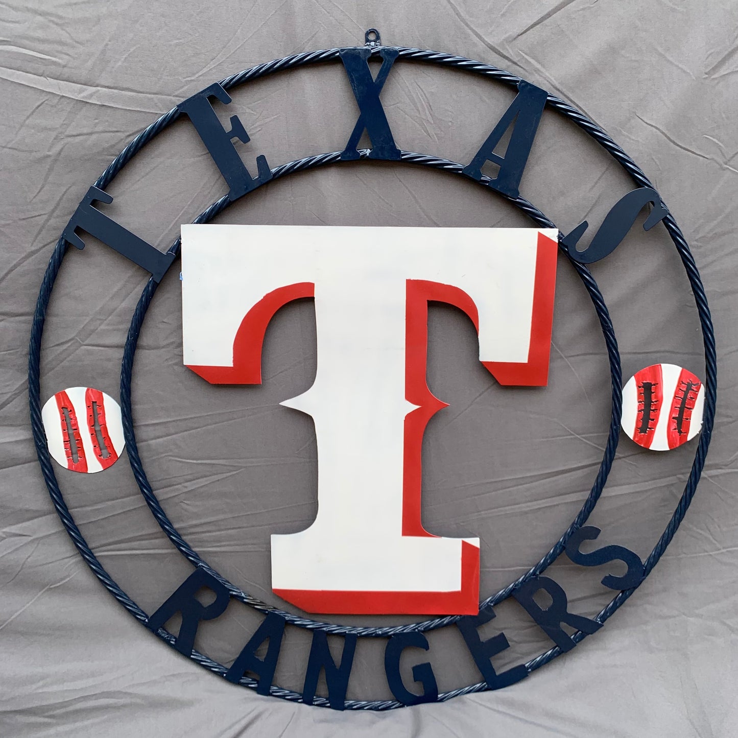 TEXAS RANGERS CUSTOM METAL VINTAGE CRAFT TEAM SIGN WHITE & RED & NAVY BLUE RING HANDMADE