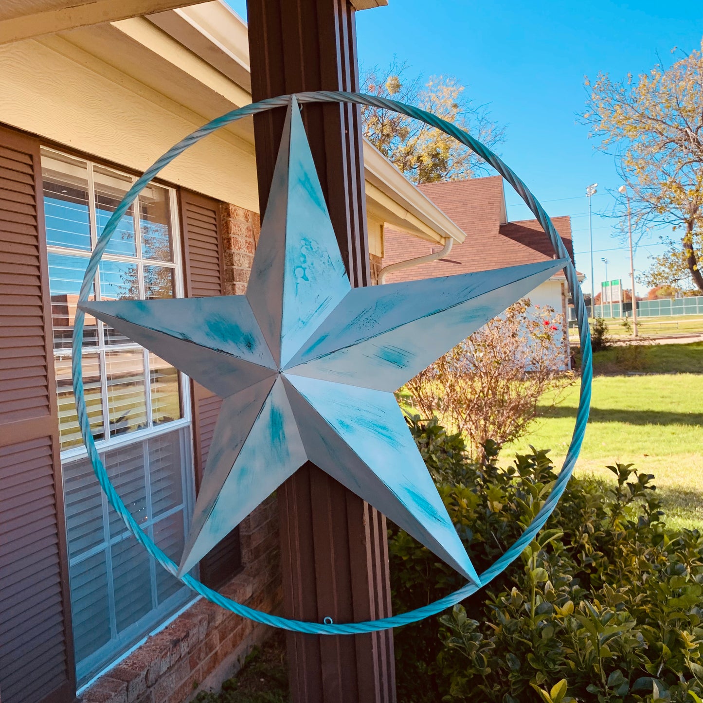 #EH11219 TURQUOISE WHITE DISTRESSED STAR TWO TONE TEXTURE BARN STAR METAL LONESTAR TWISTED ROPE RING WESTERN HOME DECOR HANDMADE NEW