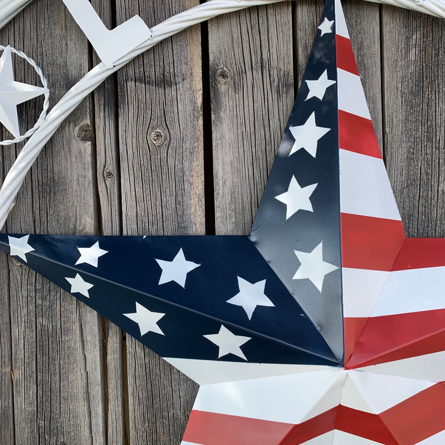 LUNA STYLE CUSTOM NAME BARN STAR METAL STAR 3d TWISTED ROPE RING WESTERN HOME DECOR USA FLAG STAR RED WHOTE & BLUE WITH WHITE RING HANDMADE 24",32",36",50"