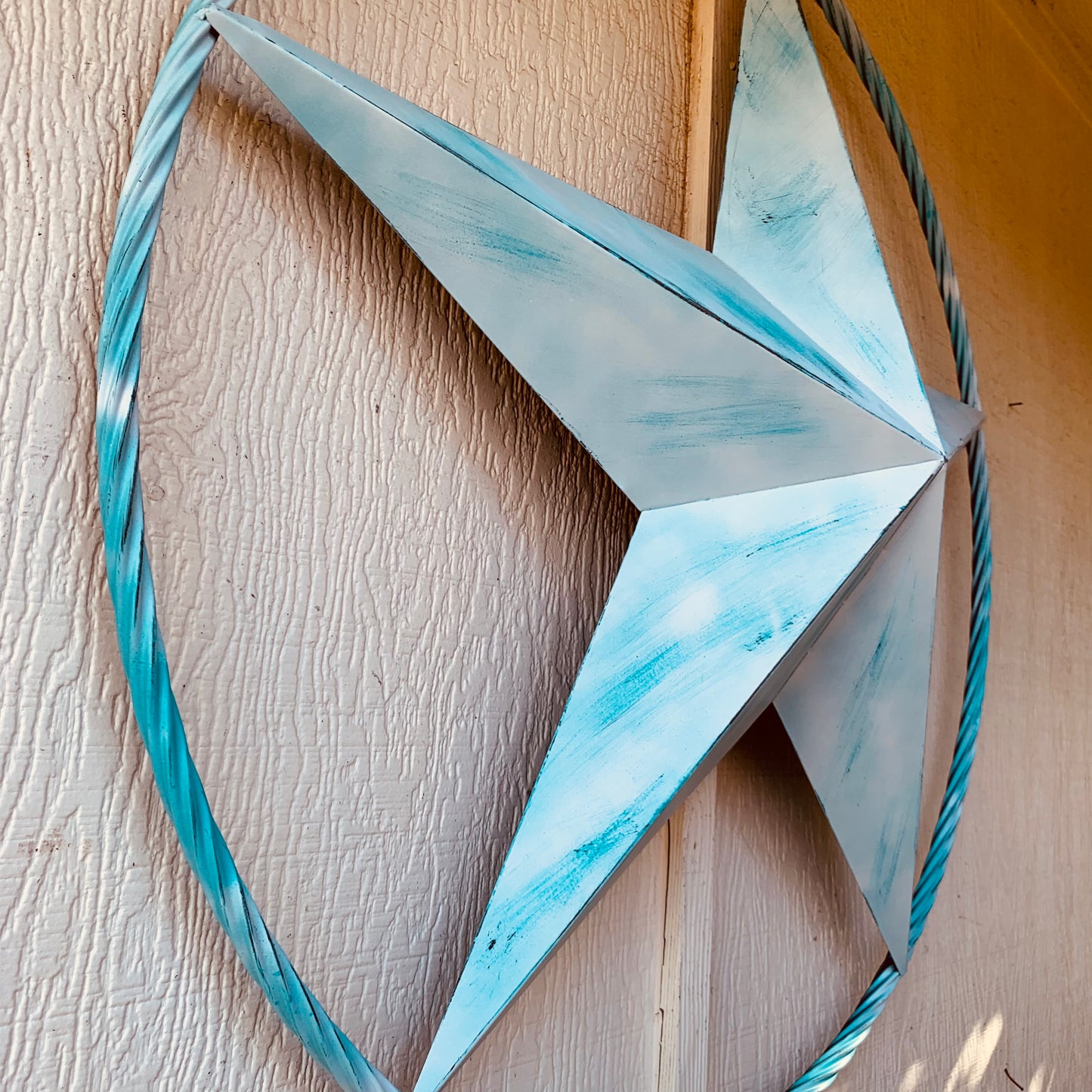 #EH11219 TURQUOISE WHITE DISTRESSED STAR TWO TONE TEXTURE BARN STAR METAL LONESTAR TWISTED ROPE RING WESTERN HOME DECOR HANDMADE NEW