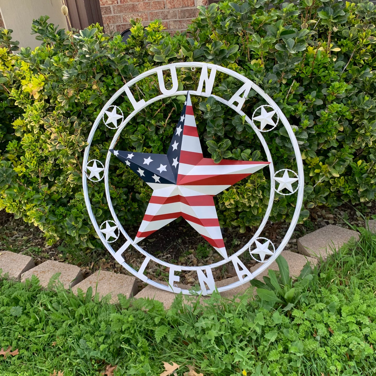 LUNA STYLE CUSTOM NAME BARN STAR METAL STAR 3d TWISTED ROPE RING WESTERN HOME DECOR USA FLAG STAR RED WHOTE & BLUE WITH WHITE RING HANDMADE 24",32",36",50"