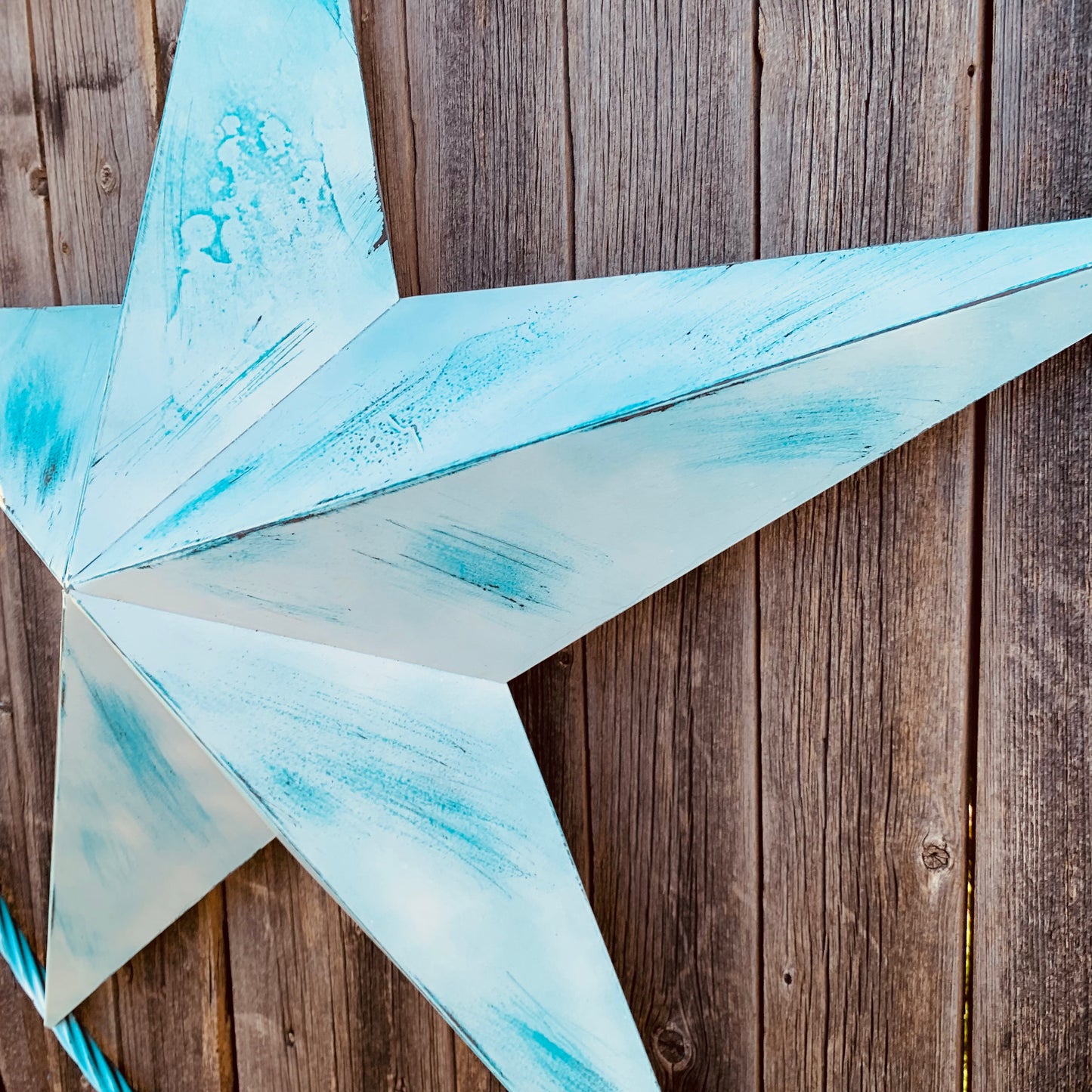 #EH11219 TURQUOISE WHITE DISTRESSED STAR TWO TONE TEXTURE BARN STAR METAL LONESTAR TWISTED ROPE RING WESTERN HOME DECOR HANDMADE NEW