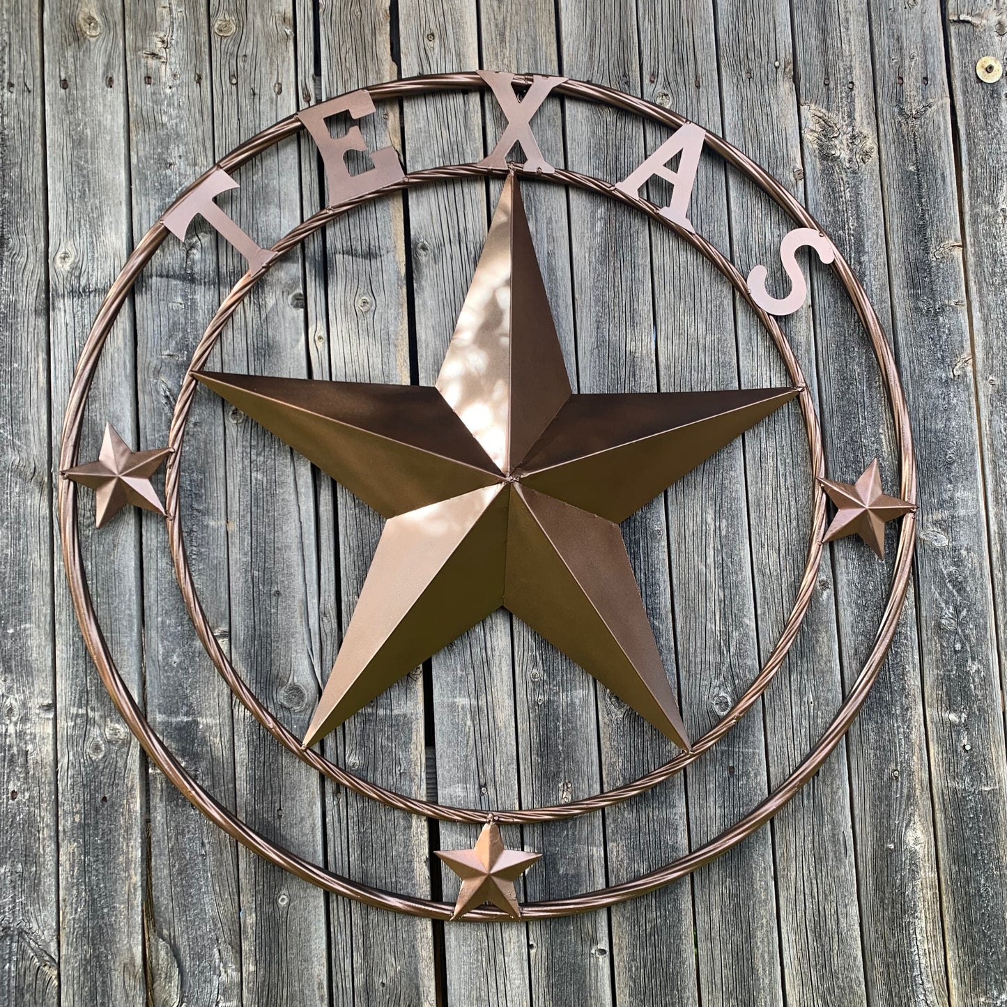 TEXAS LONESTAR WITH 3 SMALL STARS BARN STAR METAL RUSTIC BRONZE COPPER TWISTED ROPE RING WESTERN HOME DECOR HANDMADE NEW
