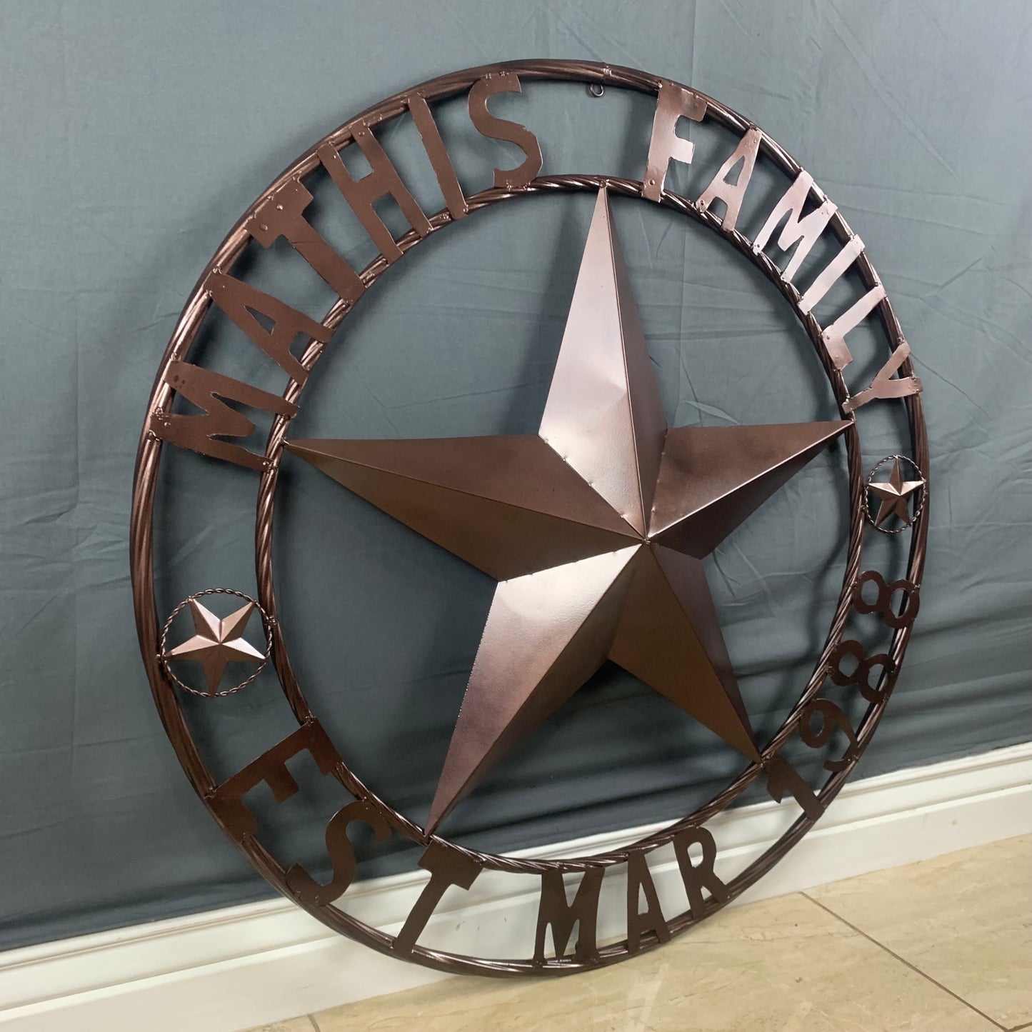 MATHIS STYLE CUSTOM NAME STAR BARN STAR 3d METAL LONESTAR TWISTED ROPE RING WESTERN HOME DECOR RUSTIC BRONZE COPPER HANDMADE 24",32",36",50"