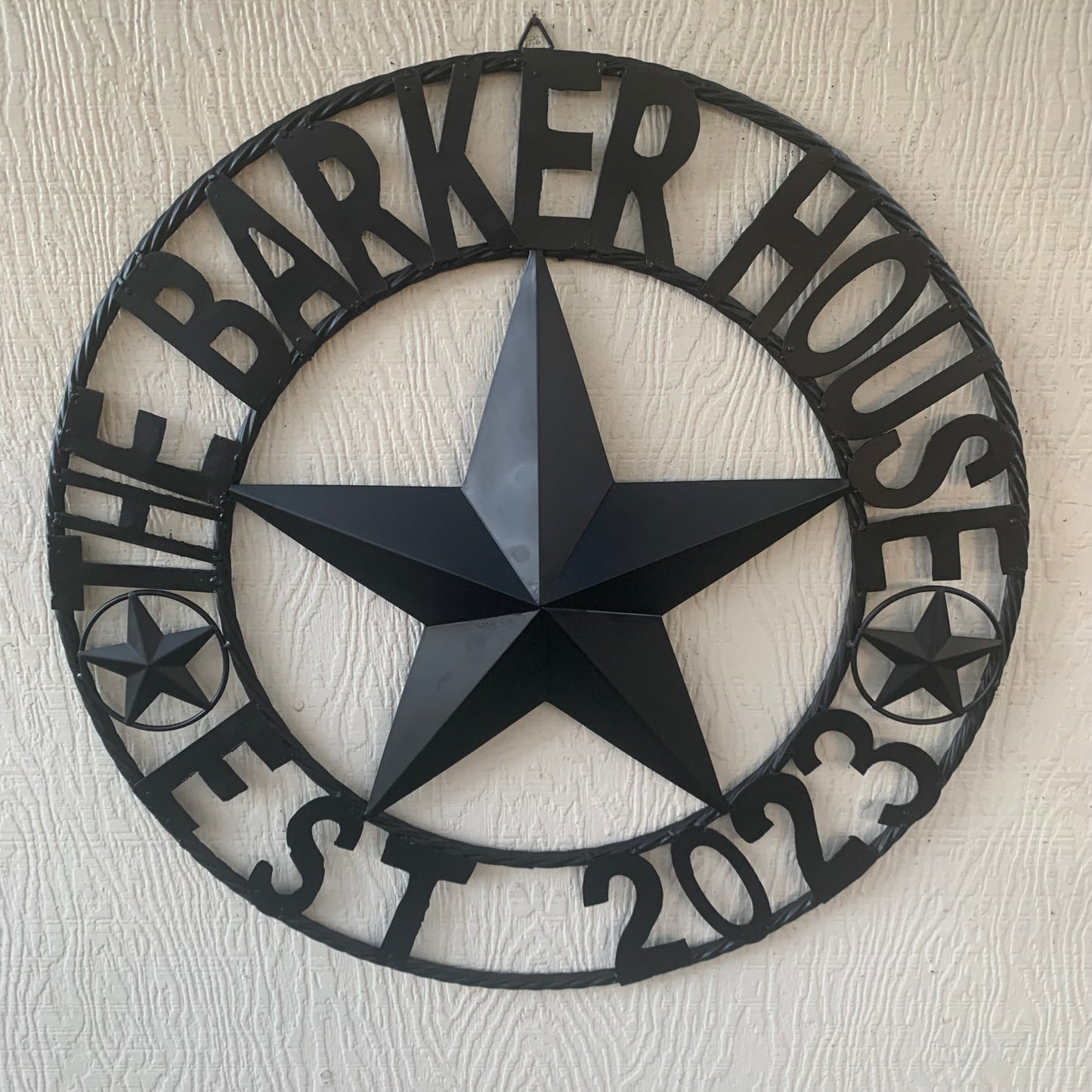BARKER STYLE CUSTOM NAME STAR BARN METAL STAR 3d TWISTED ROPE RING LONESTAR WESTERN HOME DECOR RUSTIC BLACK HANDMADE 24",32",36",50"