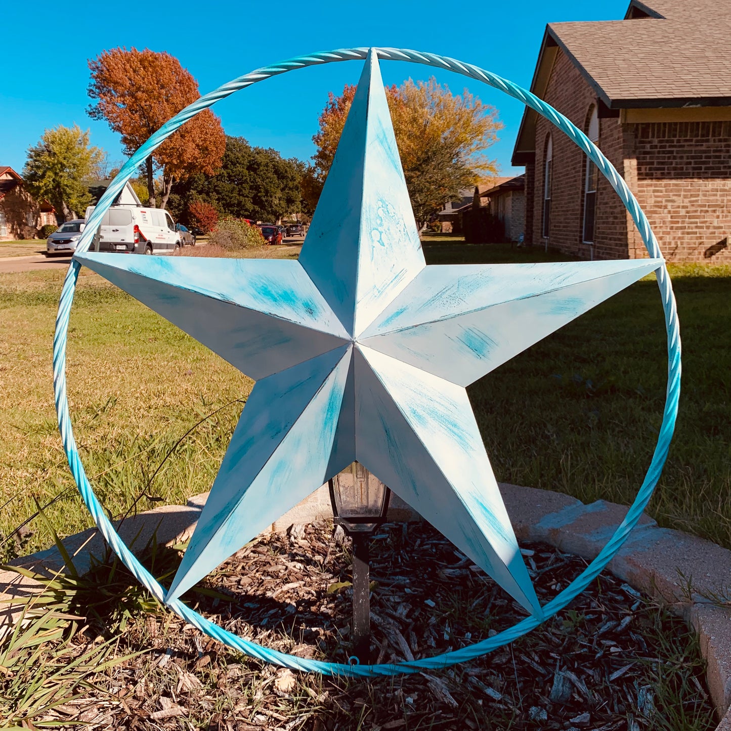 #EH11219 TURQUOISE WHITE DISTRESSED STAR TWO TONE TEXTURE BARN STAR METAL LONESTAR TWISTED ROPE RING WESTERN HOME DECOR HANDMADE NEW