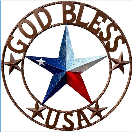 GOD BLESS USA LICENSE PLATE 3d STAR RED WHITE BLUE  WITH BRONZE RING METAL BARN STAR TWISTED ROPE RING WALL ART WESTERN HOME DECOR HANDMADE #EH