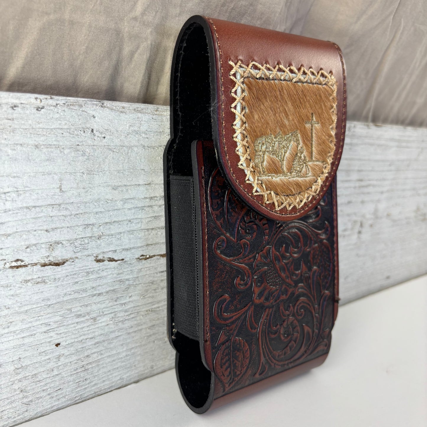 7" COWBOY PRAYER  LEATHER HOLSTER BROWN POUCH EXTRA LARGE  BELT LOOP CELL PHONE CASE UNIVERSAL OVERSIZE #EH13322