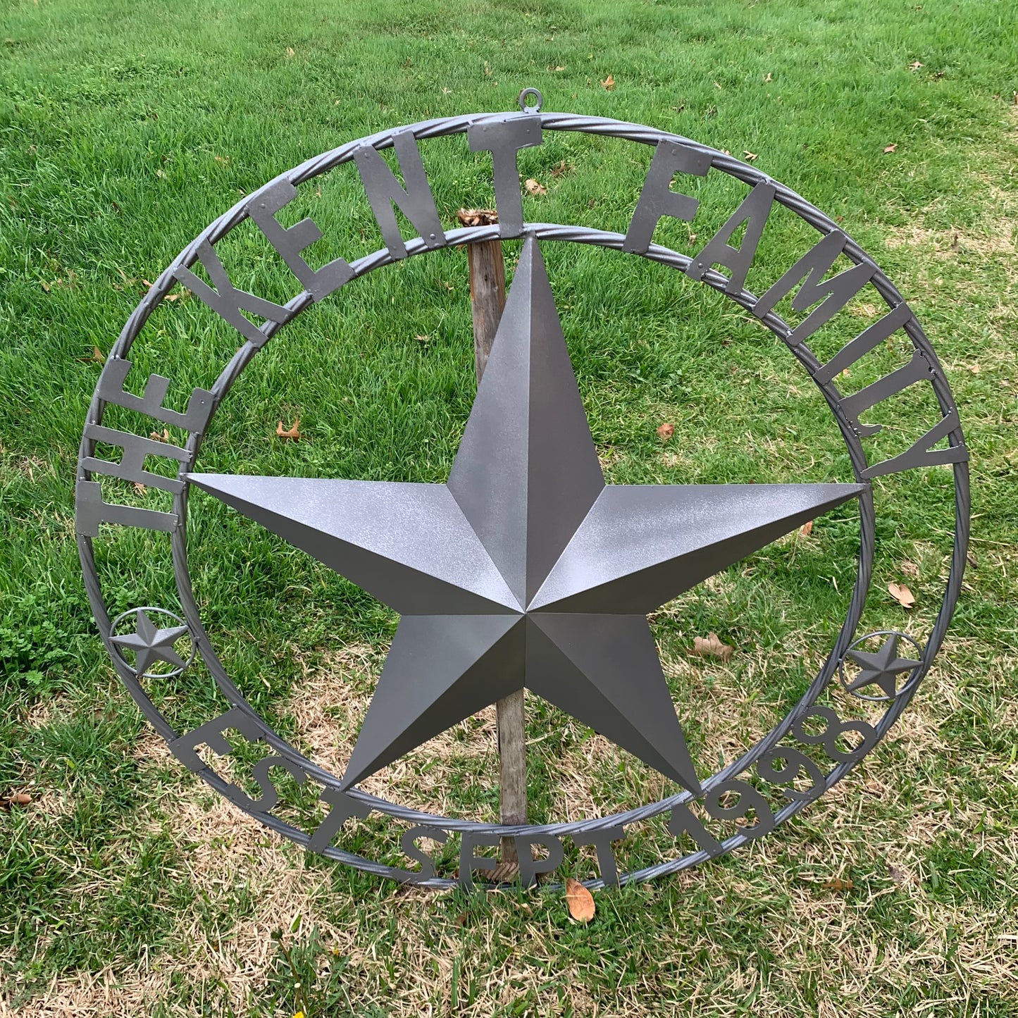 KENT STYLE CUSTOM STAR NAME BARN METAL STAR 3d TWISTED ROPE RING WESTERN HOME DECOR RUSTIC GREY SILVER HANDMADE 24",32",36",50"