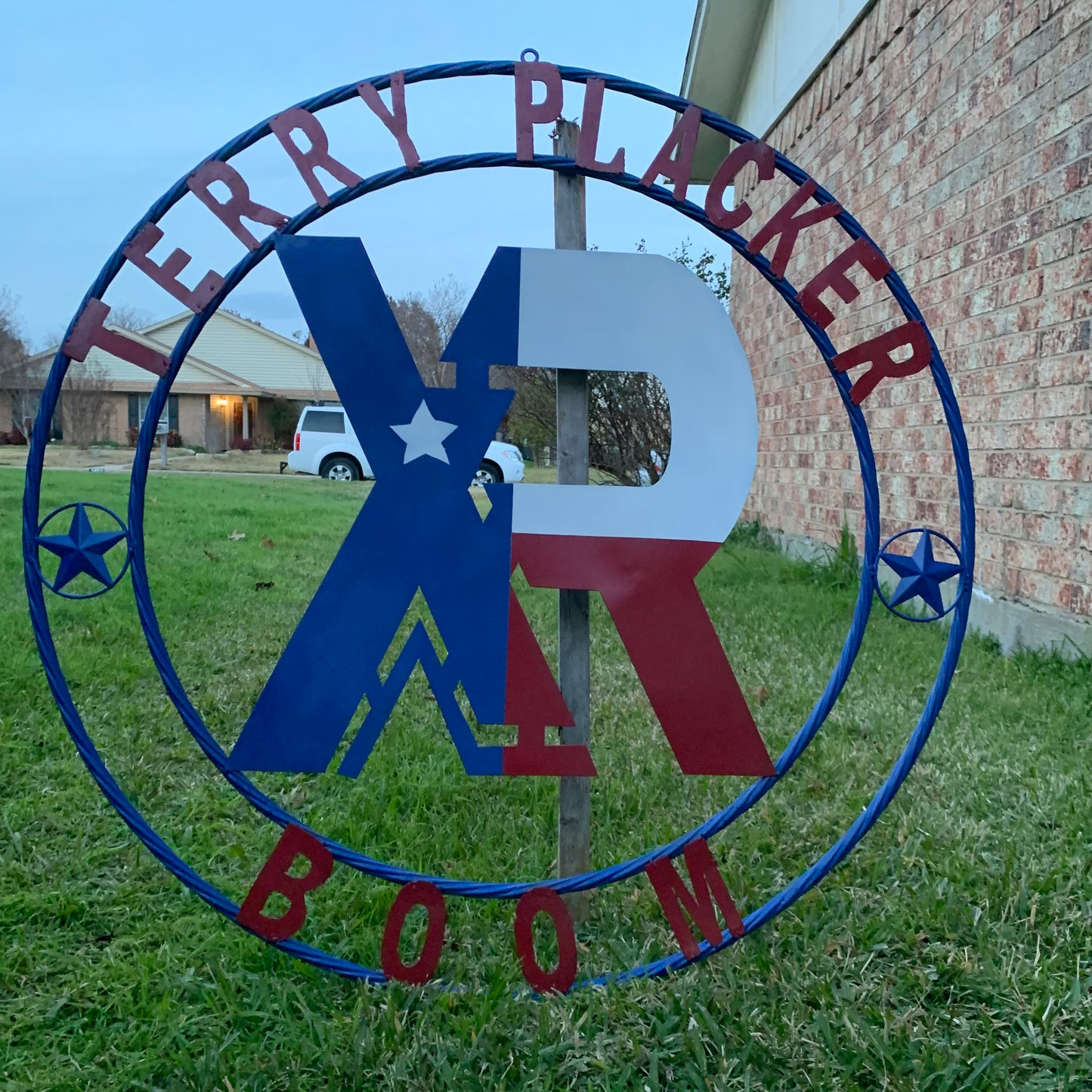 #EH11299 CUSTOM NAME XR ROOFING STYLE SIGN RED,WHITE & BLUE TEXAS FLAG LOGO HANDMADE