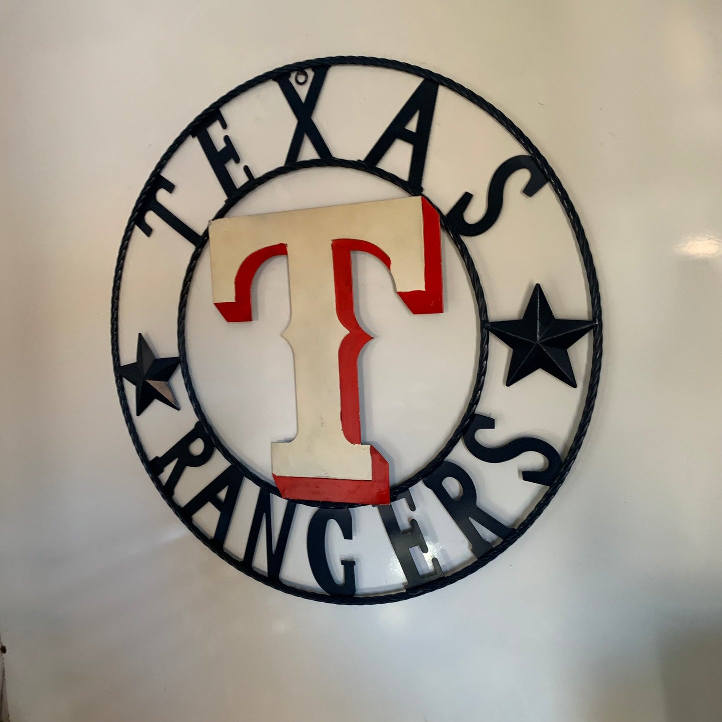 12", 18", 24", 32" TEXAS RANGERS BARN CUSTOM METAL VINTAGE CRAFT SIGN TEAM  WHITE & RED & NAVY BLUE RING & STAR HANDMADE