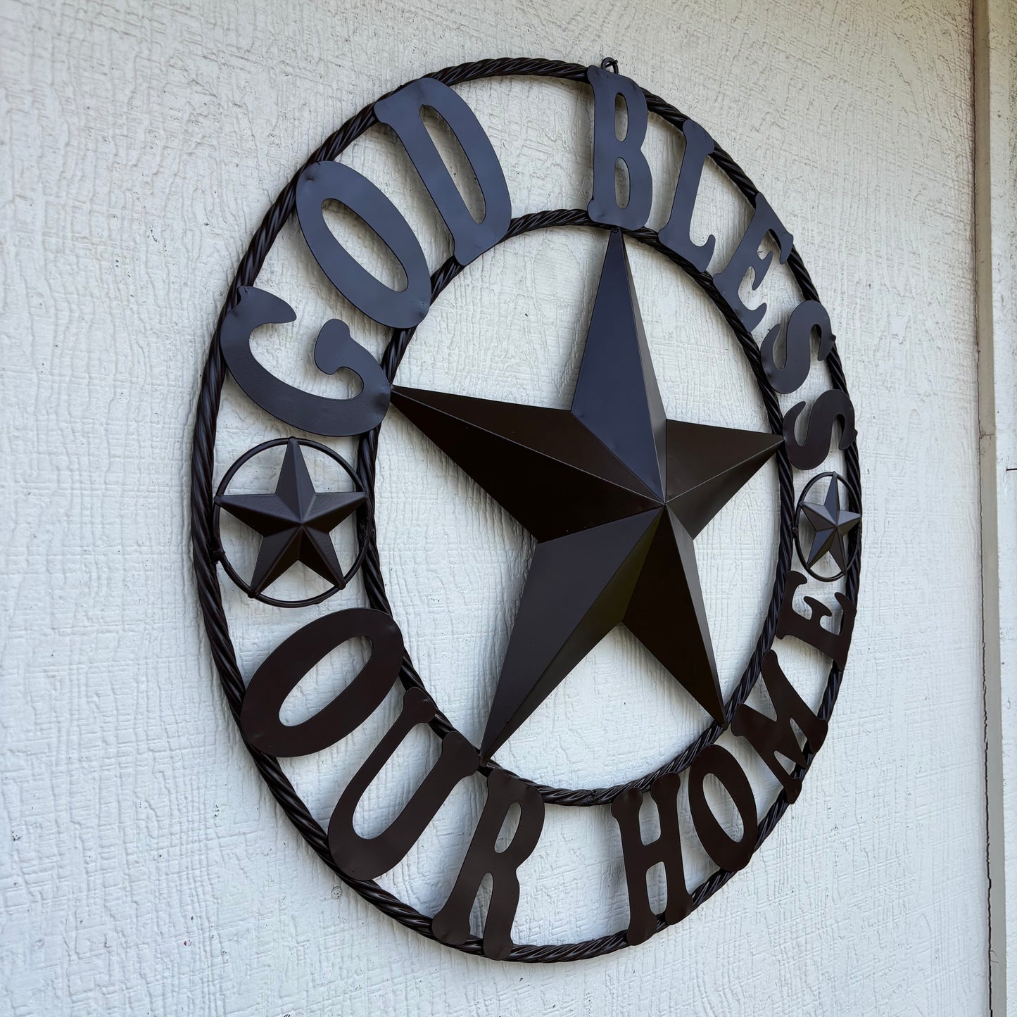 GOD BLESS OUR HOME BLACK BARN STAR METAL LONE STAR TWISTED ROPE RING WESTERN HOME DECOR HANDMADE #EH10941