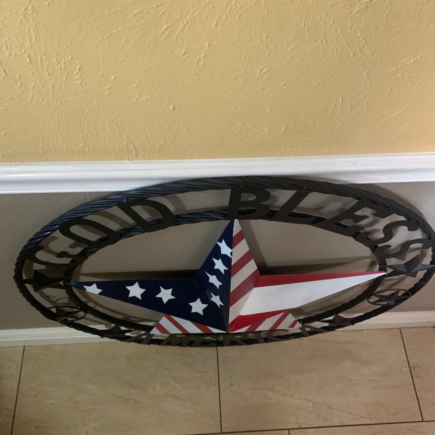 GOD BLESS AMERICA USA FLAG 3d STAR METAL BARN STAR BLACK TWISTED ROPE RING WALL ART WESTERN HOME DECOR RED WHITE & BLUE HANDMADE NEW #EH10490