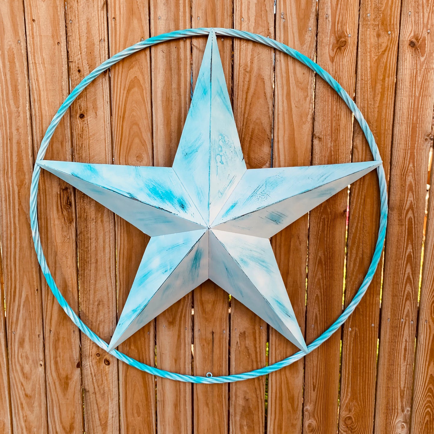 #EH11219 TURQUOISE WHITE DISTRESSED STAR TWO TONE TEXTURE BARN STAR METAL LONESTAR TWISTED ROPE RING WESTERN HOME DECOR HANDMADE NEW