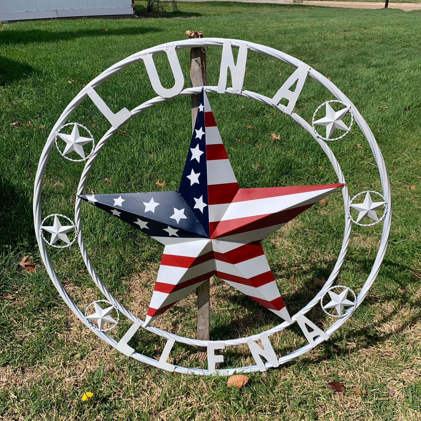 LUNA STYLE CUSTOM NAME BARN STAR METAL STAR 3d TWISTED ROPE RING WESTERN HOME DECOR USA FLAG STAR RED WHOTE & BLUE WITH WHITE RING HANDMADE 24",32",36",50"