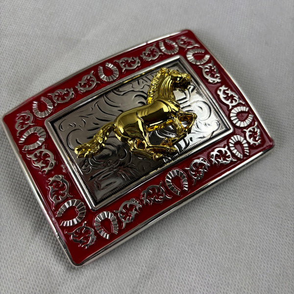 HORSE BELT BUCKLE GOLD SILVER & RED OUTLINE WESTERN METAL BUCKLE FASHION ART 4.5" X 3.5"  #EH12265