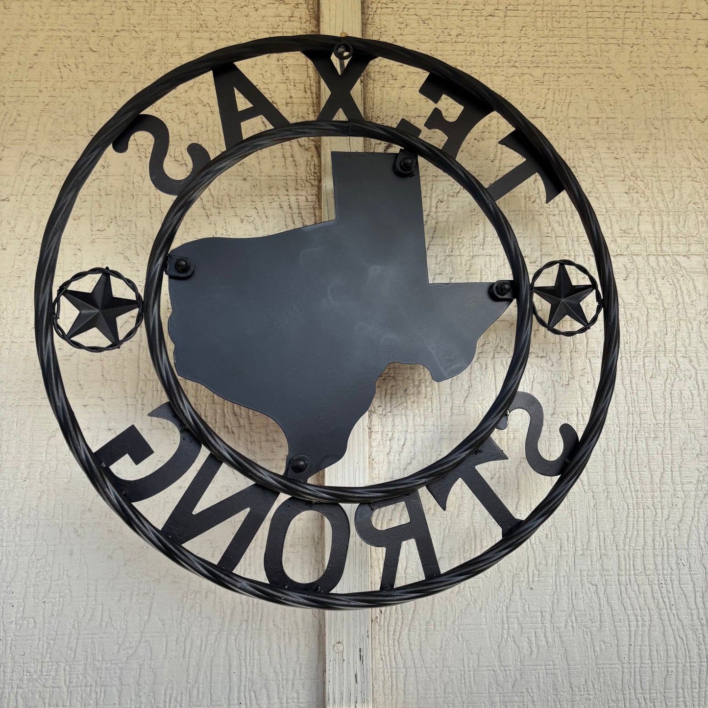 TEXAS STRONG SIGN METAL WALL ART WESTERN HOME DECOR RED WHITE BLUE WITH BRONZE RING HANDMADE #EH13212