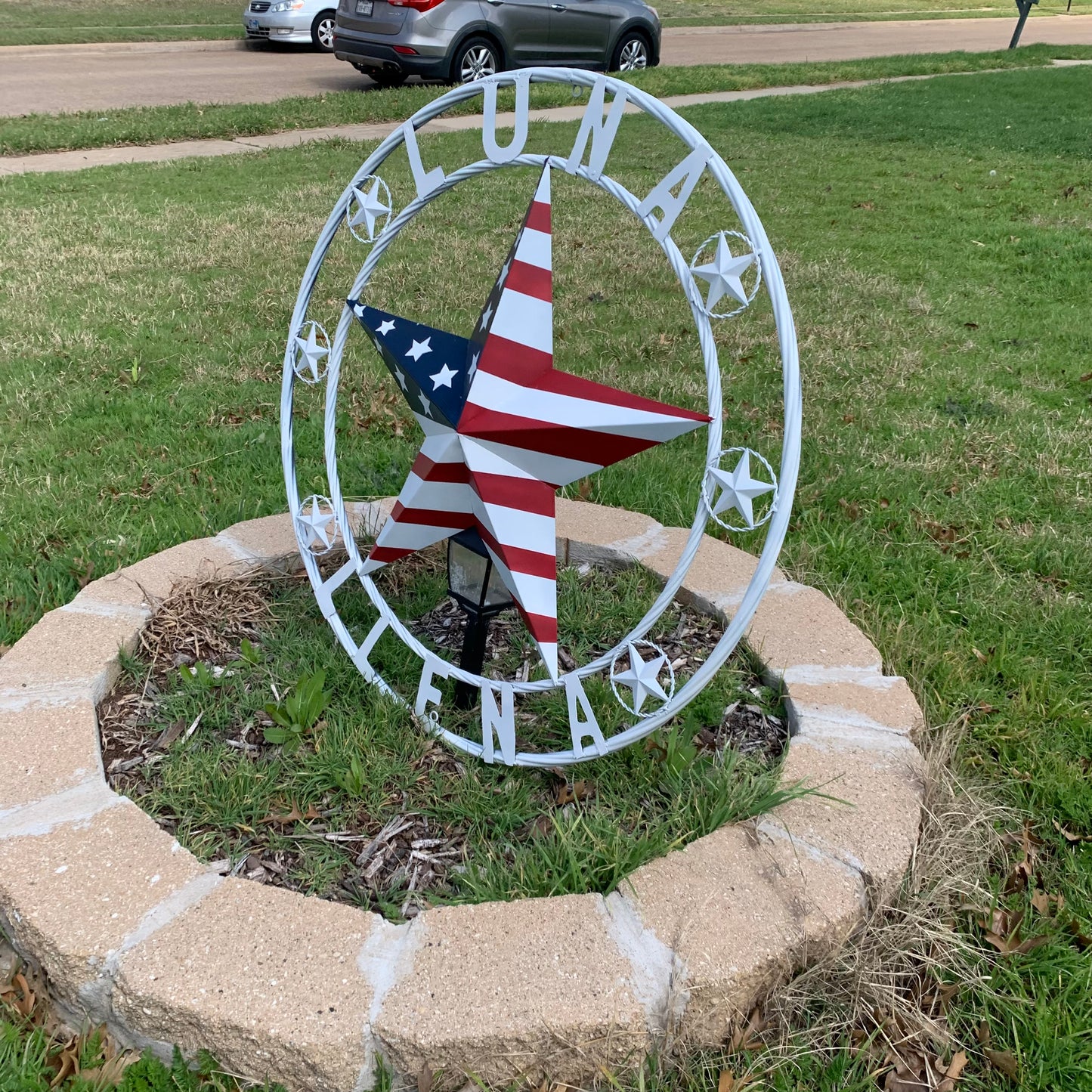 LUNA STYLE CUSTOM NAME BARN STAR METAL STAR 3d TWISTED ROPE RING WESTERN HOME DECOR USA FLAG STAR RED WHOTE & BLUE WITH WHITE RING HANDMADE 24",32",36",50"