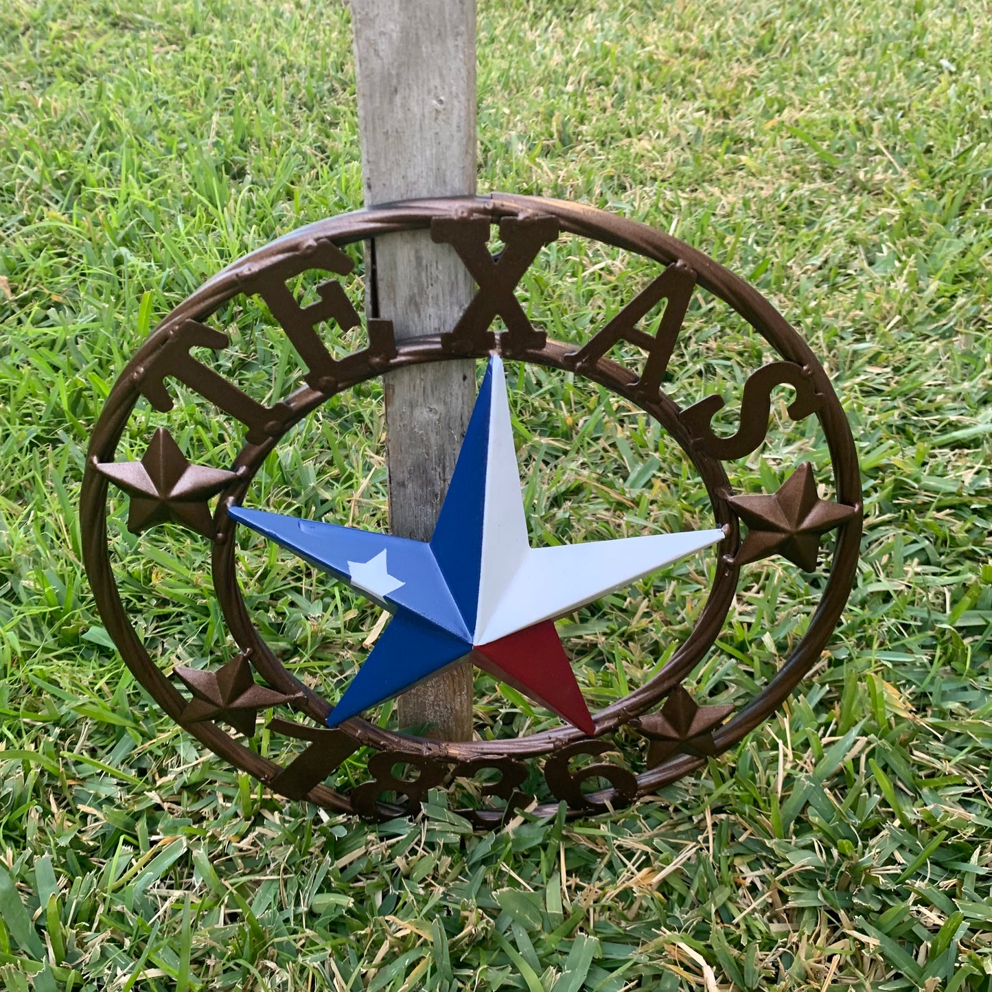 TEXAS FLAG STAR RED WHT BLUE STAR & BRONZE COPPER RING 1836 TEXAS METAL BARN LONE STAR WESTERN HOME DECOR HANDMADE NEW 12",18",24",32",36",50"