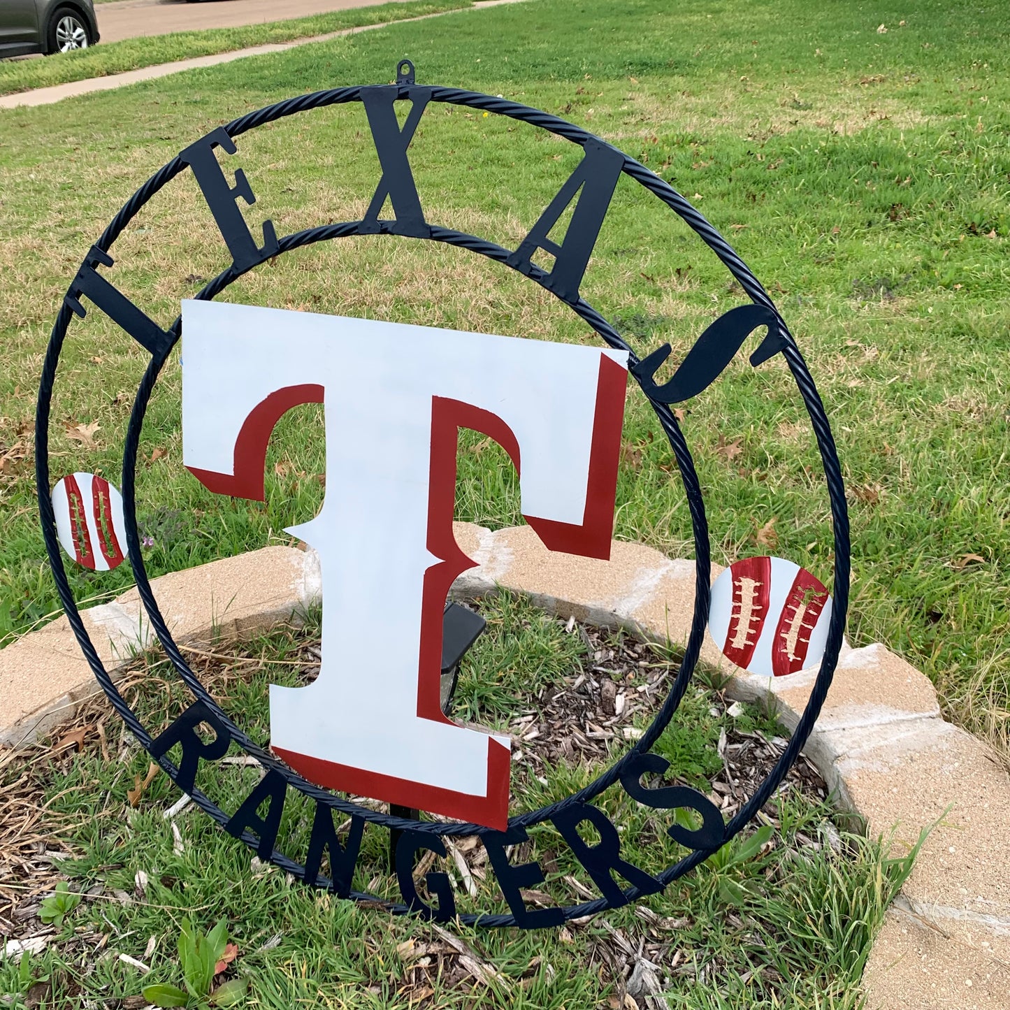 TEXAS RANGERS CUSTOM METAL VINTAGE CRAFT TEAM SIGN WHITE & RED & NAVY BLUE RING HANDMADE