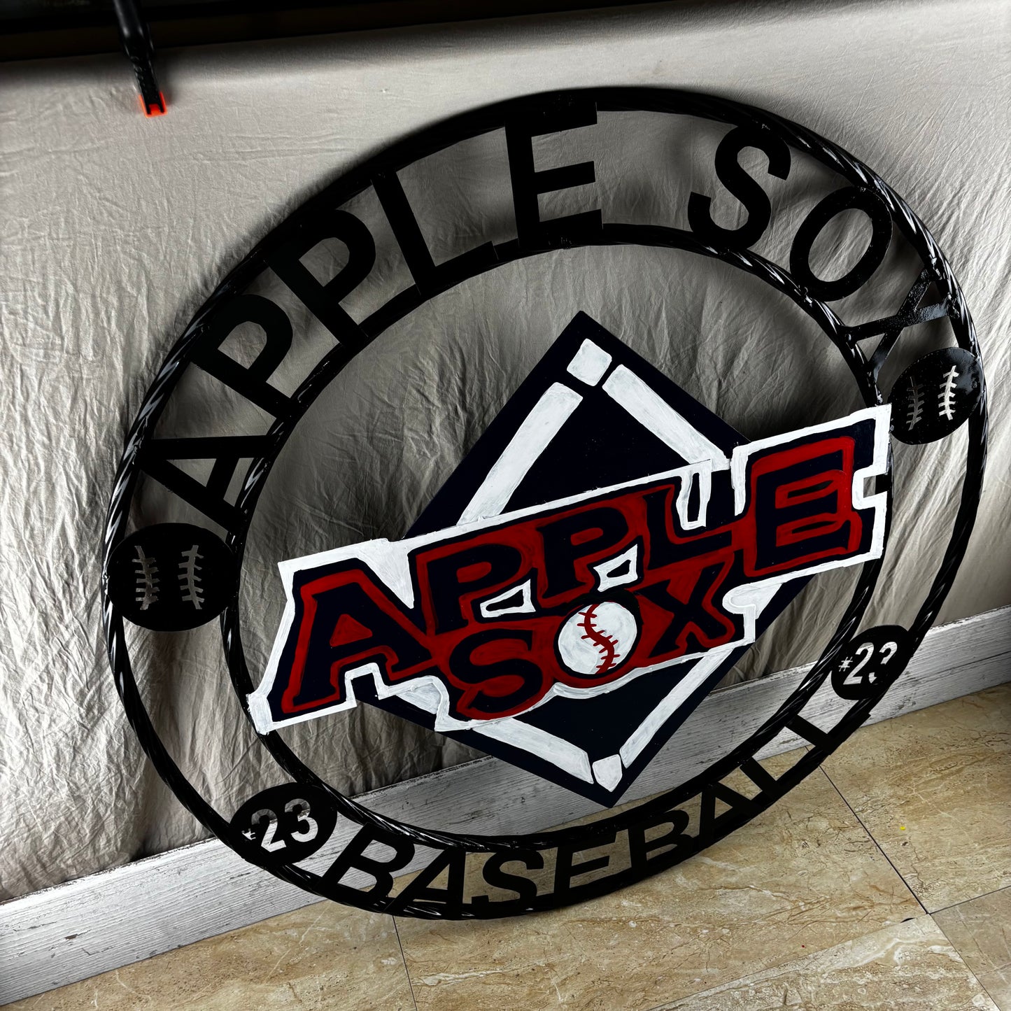 APPLE SOX BASEBALL CUSTOM METAL VINTAGE CRAFT SIGN TEAM NAVY BLUE WHITE RED HANDMADE