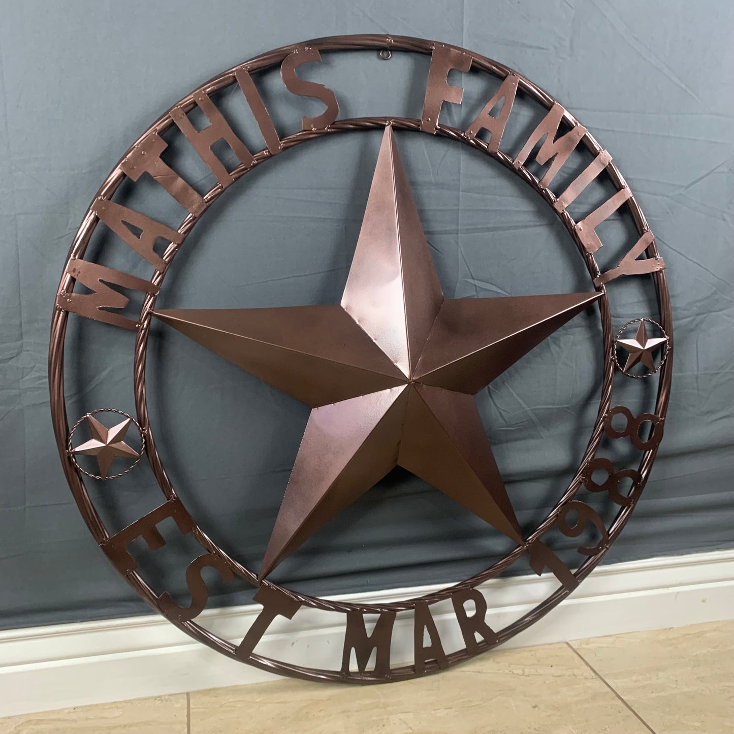 MATHIS STYLE CUSTOM NAME STAR BARN STAR 3d METAL LONESTAR TWISTED ROPE RING WESTERN HOME DECOR RUSTIC BRONZE COPPER HANDMADE 24",32",36",50"