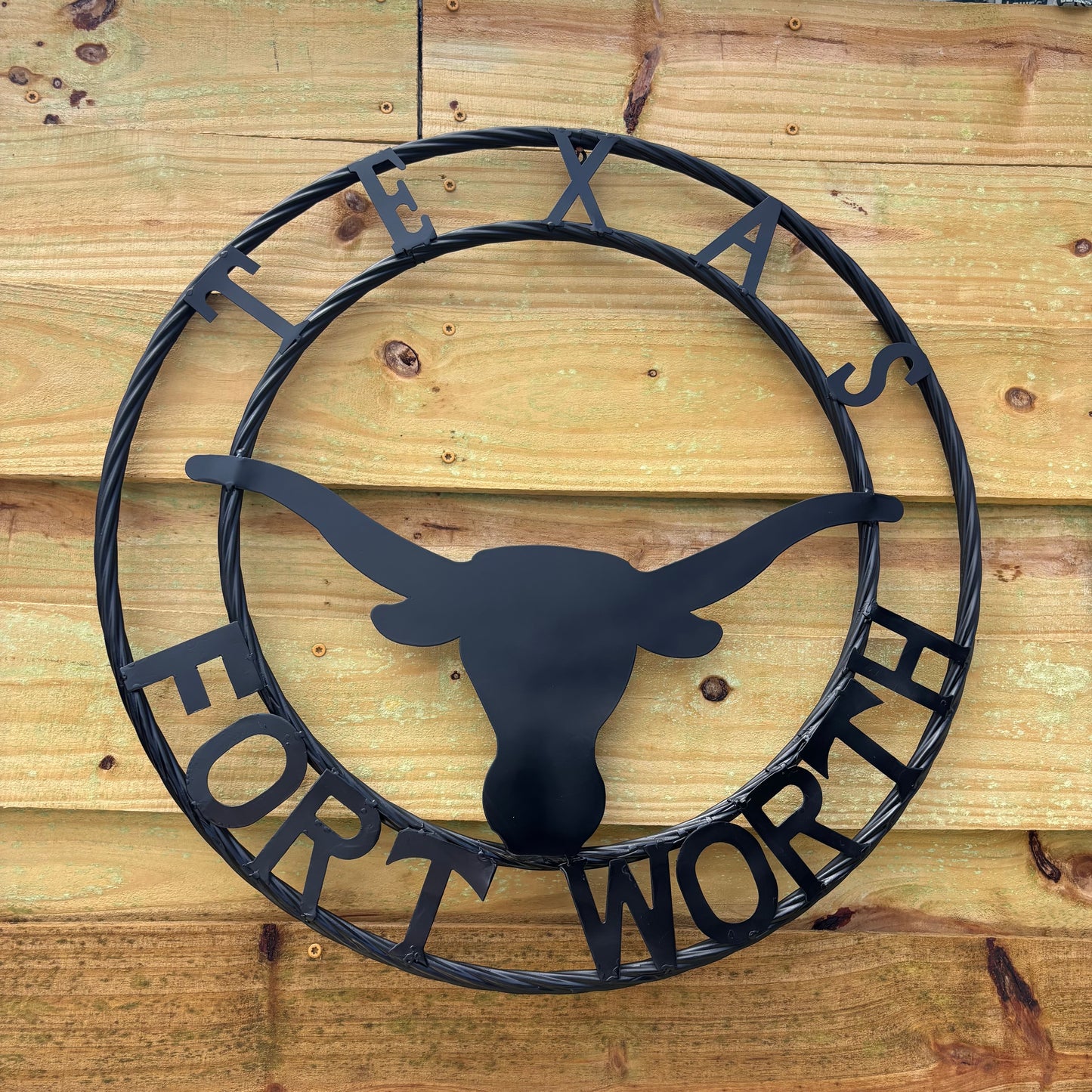 TEXAS FORT WORTH METAL SIGN LONGHORNS BLACK WESTERN HOME DECOR HANDMADE