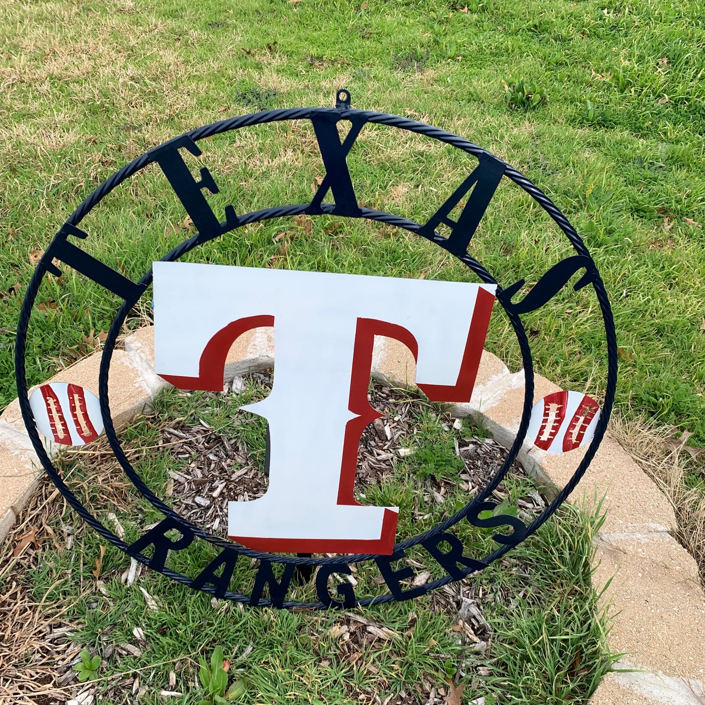 TEXAS RANGERS CUSTOM METAL VINTAGE CRAFT TEAM SIGN WHITE & RED & NAVY BLUE RING HANDMADE