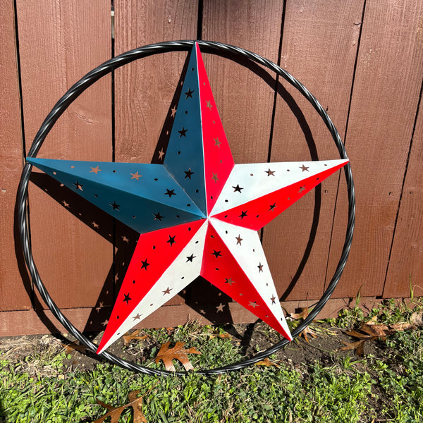 24" RED WHITE BLUE STAR USA FLAG STAR WITH SMALL STAR CUTOUT WESTERN HOME DECOR HANDMADE# EH12312