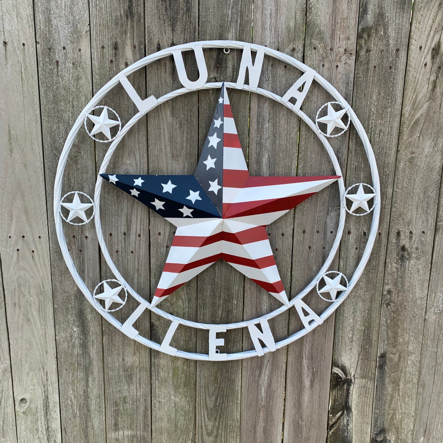 LUNA STYLE CUSTOM NAME BARN STAR METAL STAR 3d TWISTED ROPE RING WESTERN HOME DECOR USA FLAG STAR RED WHOTE & BLUE WITH WHITE RING HANDMADE 24",32",36",50"