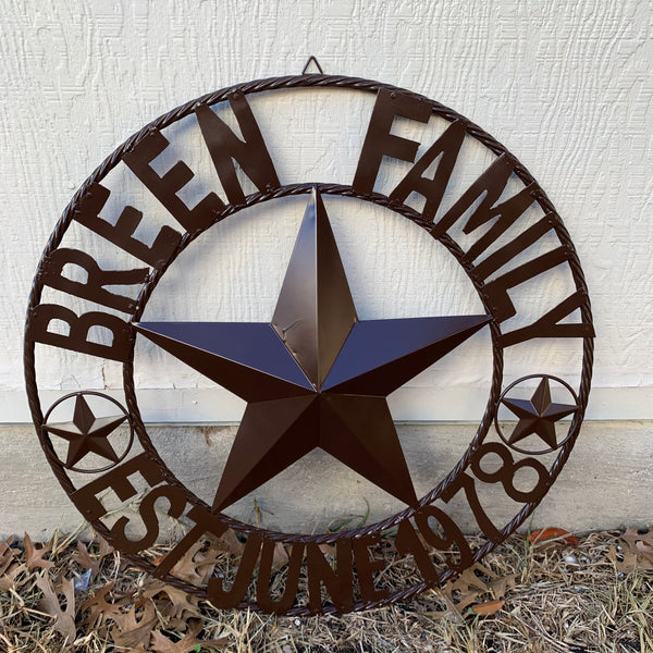 BREEN FAMILY STYLE CUSTOM NAME STAR BARN METAL STAR 3d TWISTED ROPE RING WESTERN HOME DECOR RUSTIC BROWN HANDMADE 24",32",36",50"