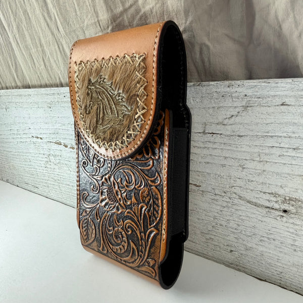 7" HORSE LEATHER HOLSTER TAN POUCH EXTRA LARGE  BELT LOOP CELL PHONE CASE UNIVERSAL OVERSIZE