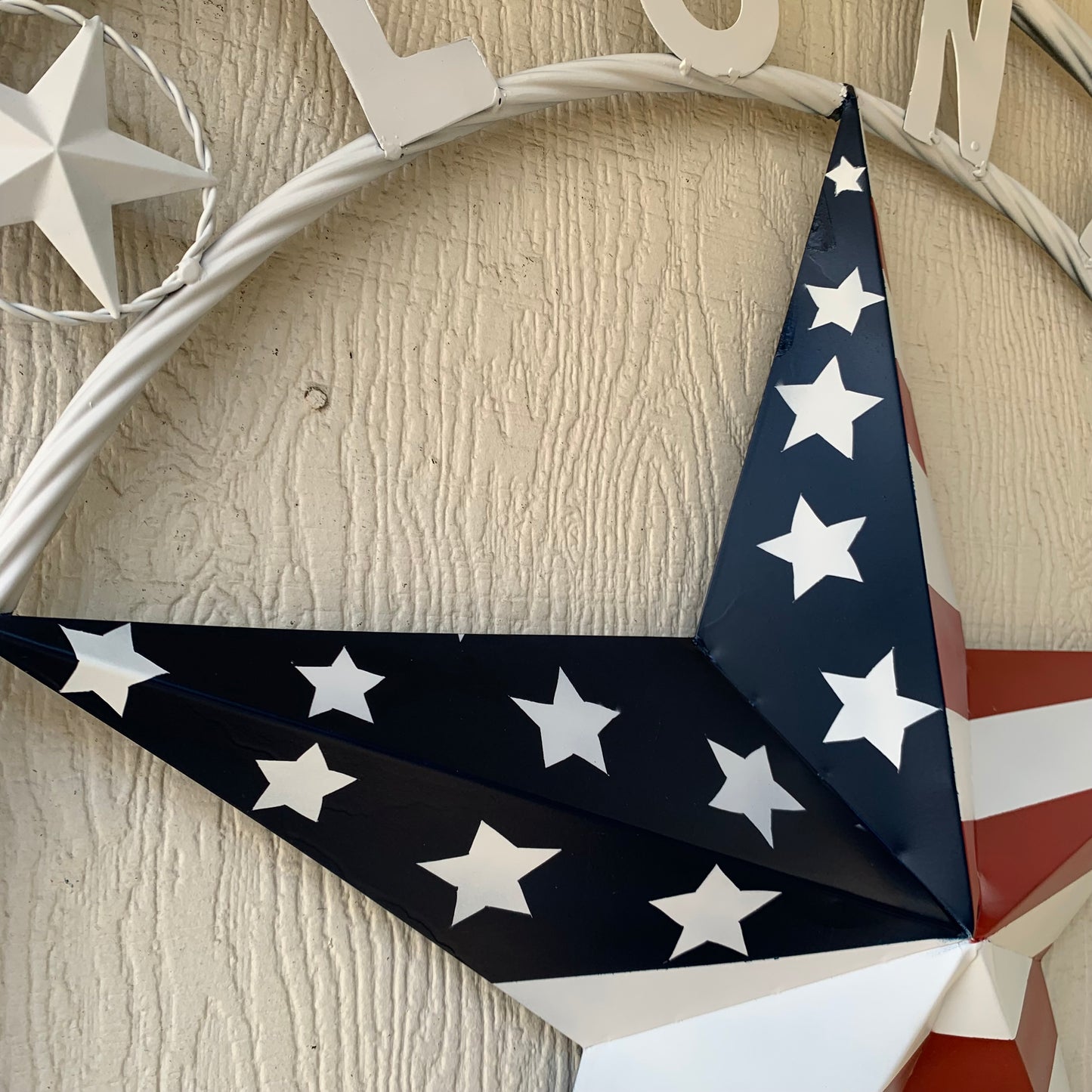 LUNA STYLE CUSTOM NAME BARN STAR METAL STAR 3d TWISTED ROPE RING WESTERN HOME DECOR USA FLAG STAR RED WHOTE & BLUE WITH WHITE RING HANDMADE 24",32",36",50"