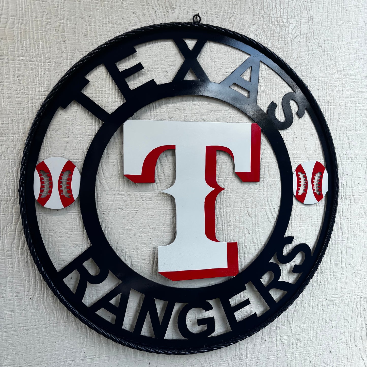 TEXAS RANGERS CUSTOM METAL VINTAGE CRAFT TEAM SIGN WHITE & RED & NAVY BLUE RING HANDMADE