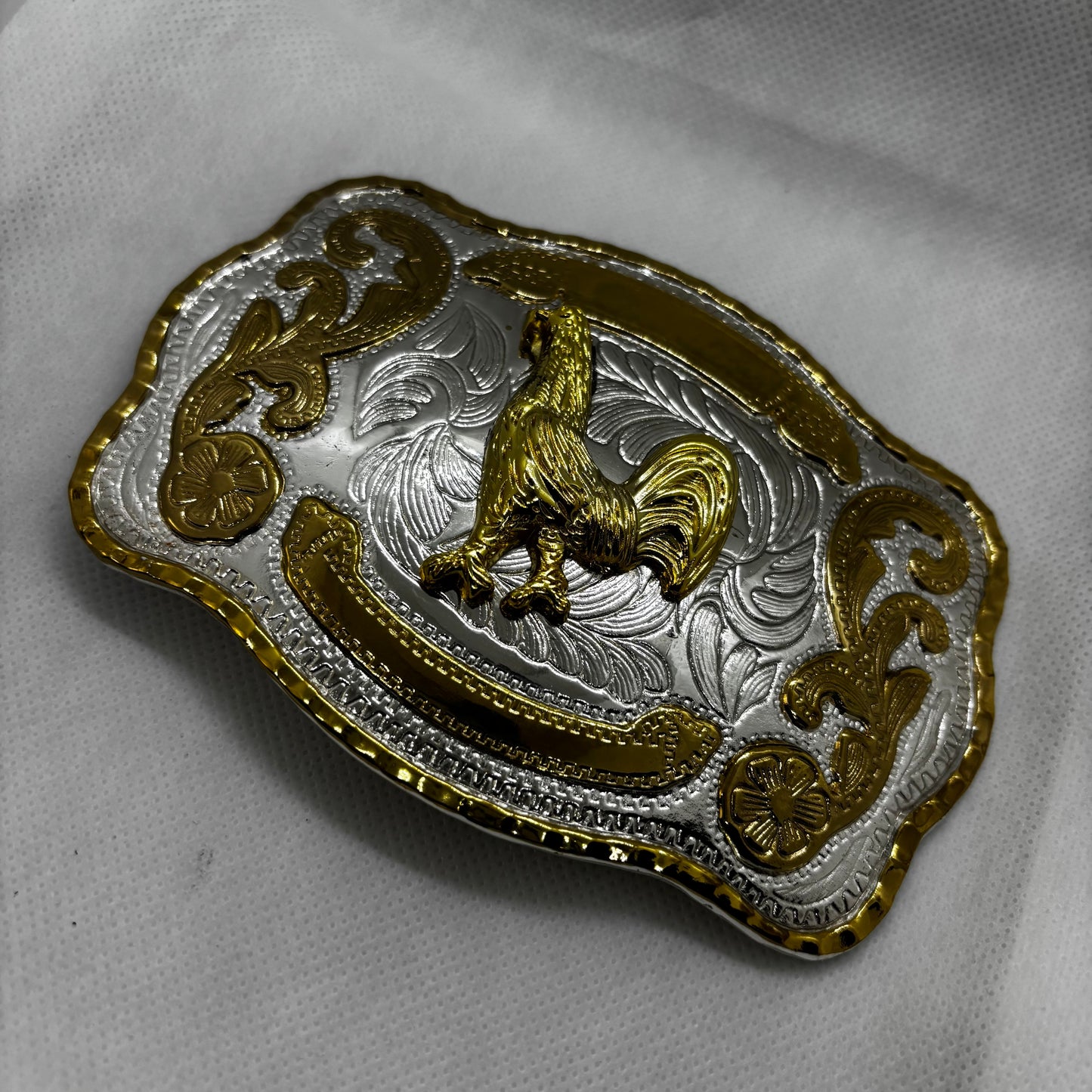 ROOSTER BELT BUCKLE GOLD SILVER WESTERN BUCKLE CRAFT HANDMADE 5.5" X 4" #EH13802