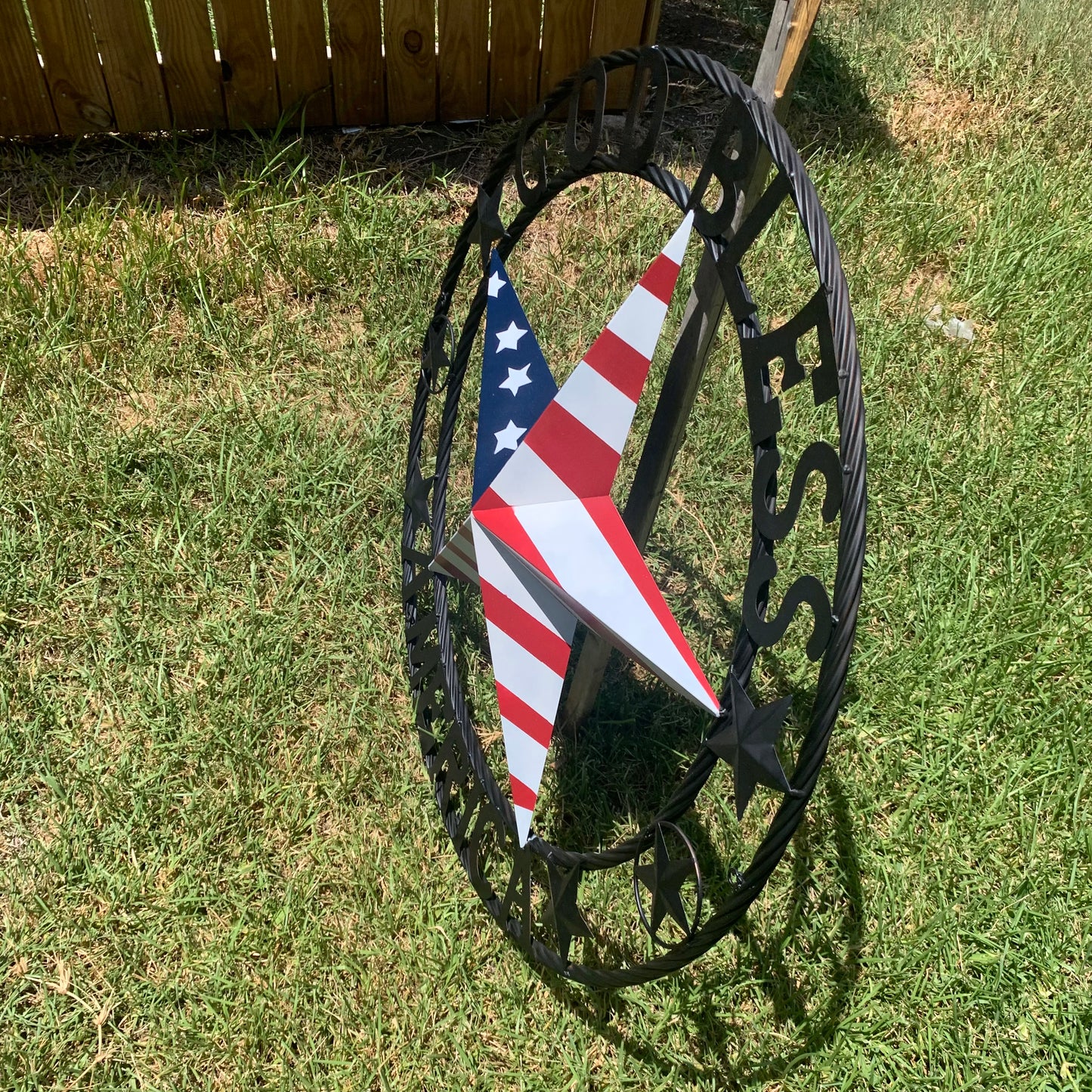 GOD BLESS AMERICA USA FLAG 3d STAR METAL BARN STAR BLACK TWISTED ROPE RING WALL ART WESTERN HOME DECOR RED WHITE & BLUE HANDMADE NEW #EH10490