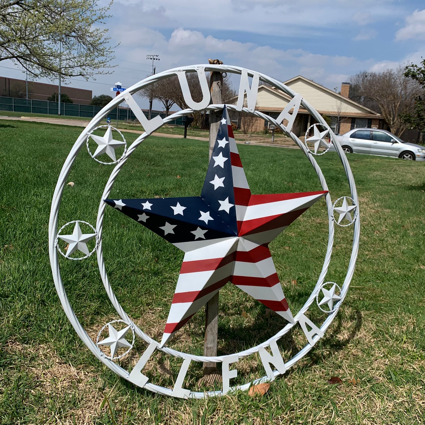 LUNA STYLE CUSTOM NAME BARN STAR METAL STAR 3d TWISTED ROPE RING WESTERN HOME DECOR USA FLAG STAR RED WHOTE & BLUE WITH WHITE RING HANDMADE 24",32",36",50"