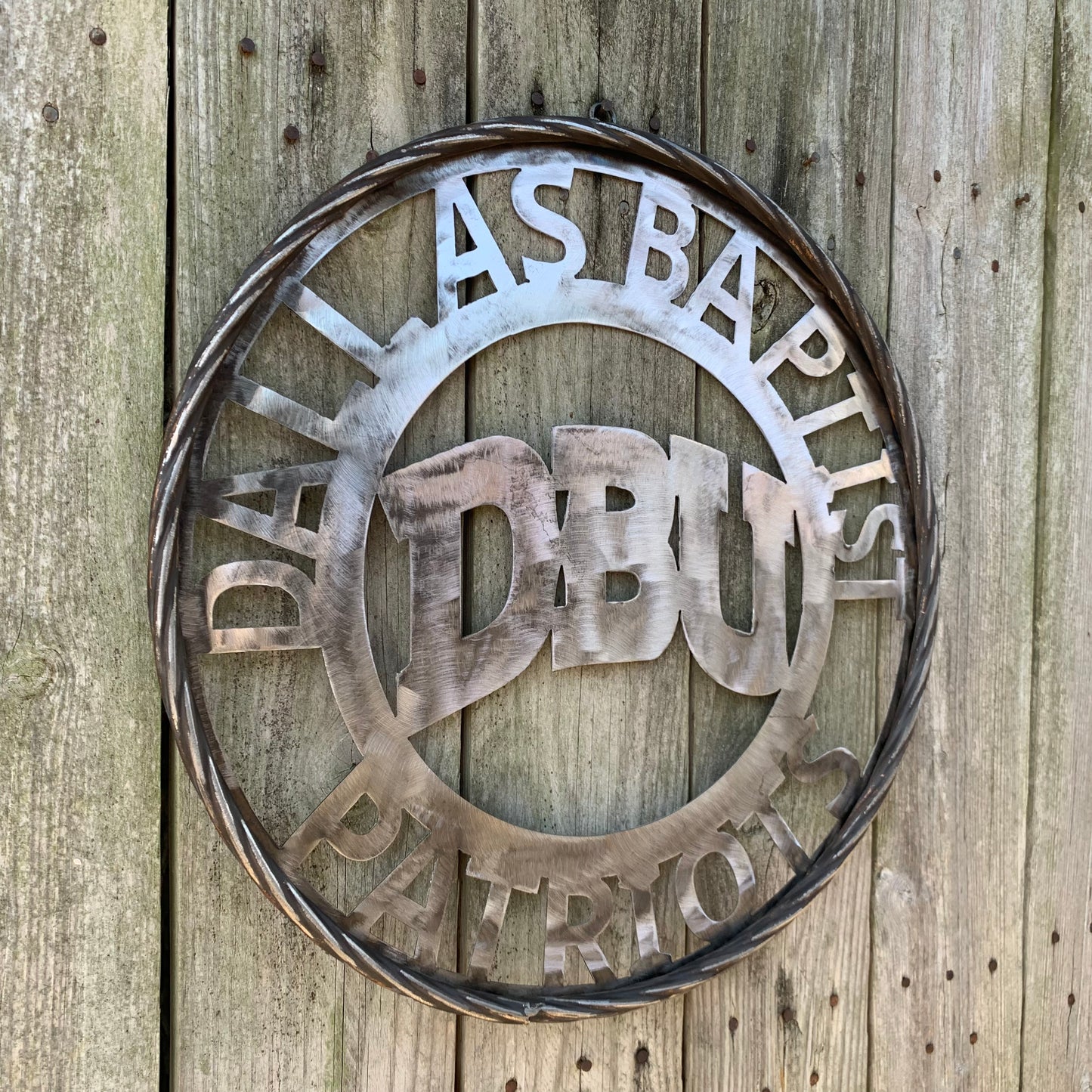 DBU DALLAS BAPTIST PATRIOTS CUSTOM RAW METAL NO PAINT VINTAGE METAL CRAFT SIGN TEAM WESTERN HOME DECOR HANDMADE