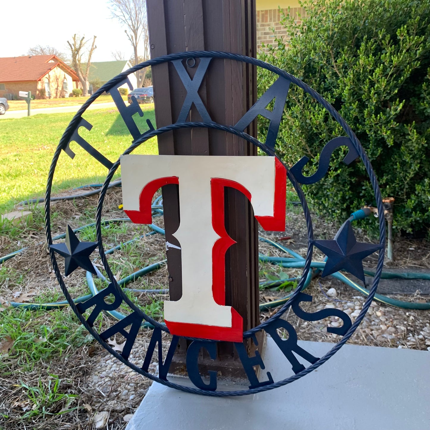 12", 18", 24", 32" TEXAS RANGERS BARN CUSTOM METAL VINTAGE CRAFT SIGN TEAM  WHITE & RED & NAVY BLUE RING & STAR HANDMADE