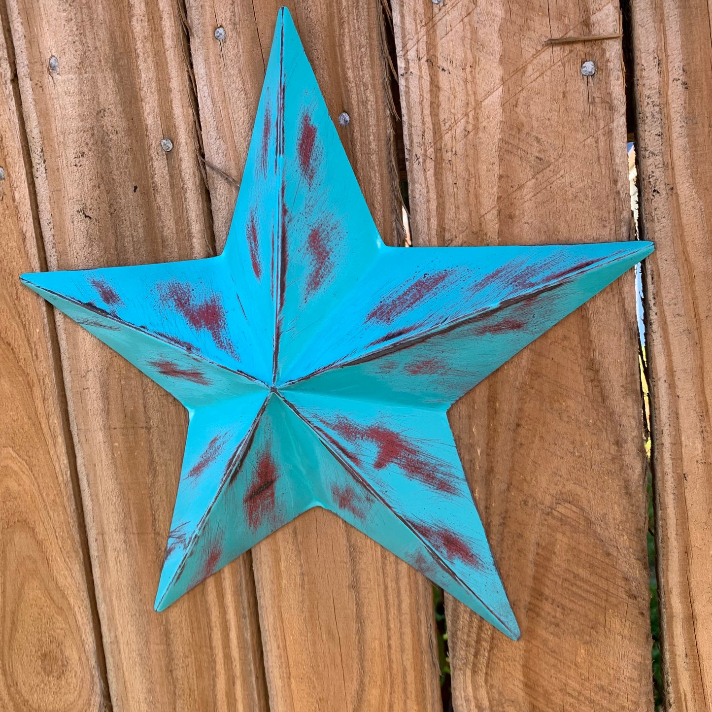 TURQUOISE DISTRESSED TWO TONE BARN STAR METAL ART WESTERN HOME DECOR HANDMADE NEW