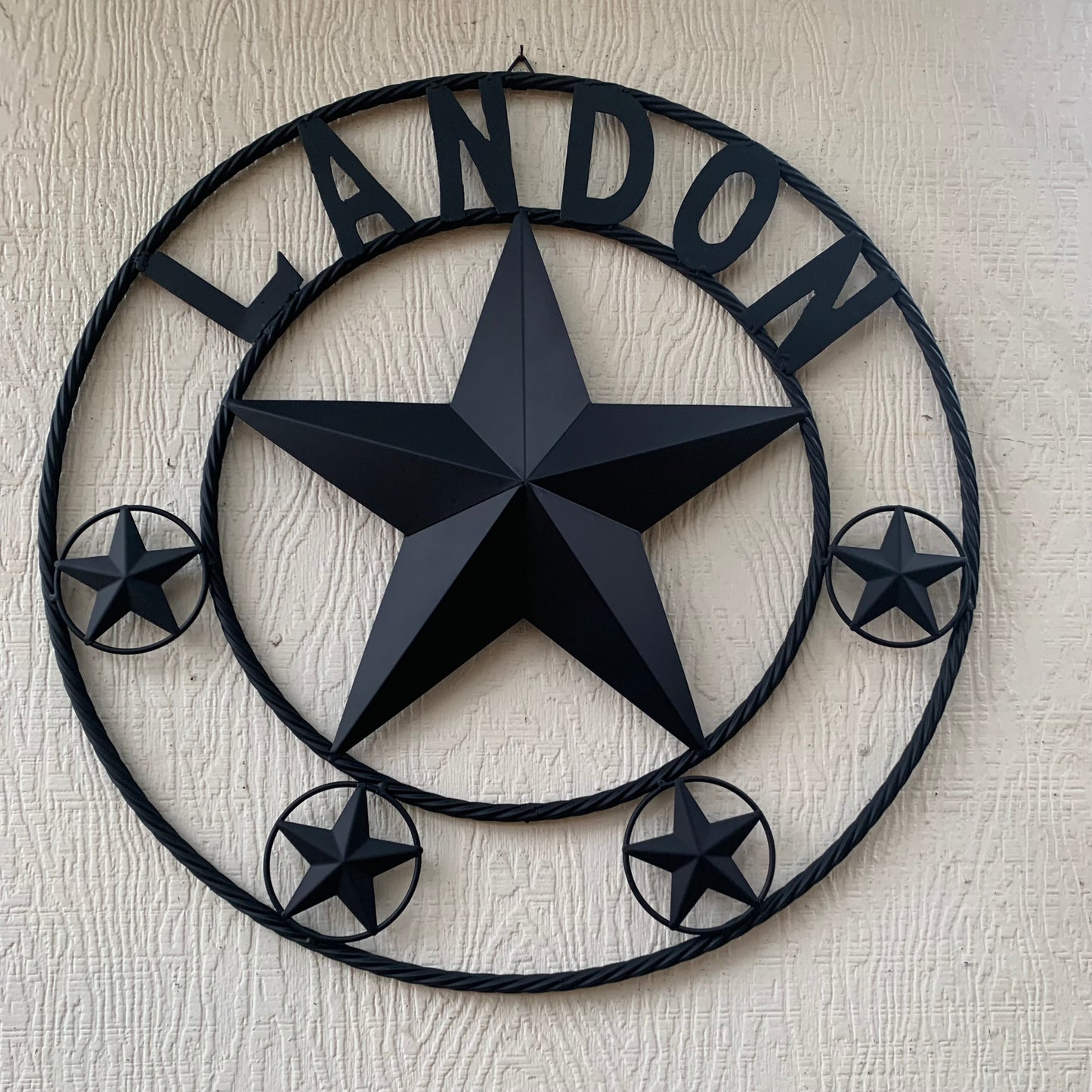 LANDON STYLE CUSTOM NAME STAR BARN METAL STAR 3d TWISTED ROPE RING WESTERN HOME DECOR RUSTIC BLACK HANDMADE 24",32",36",50"