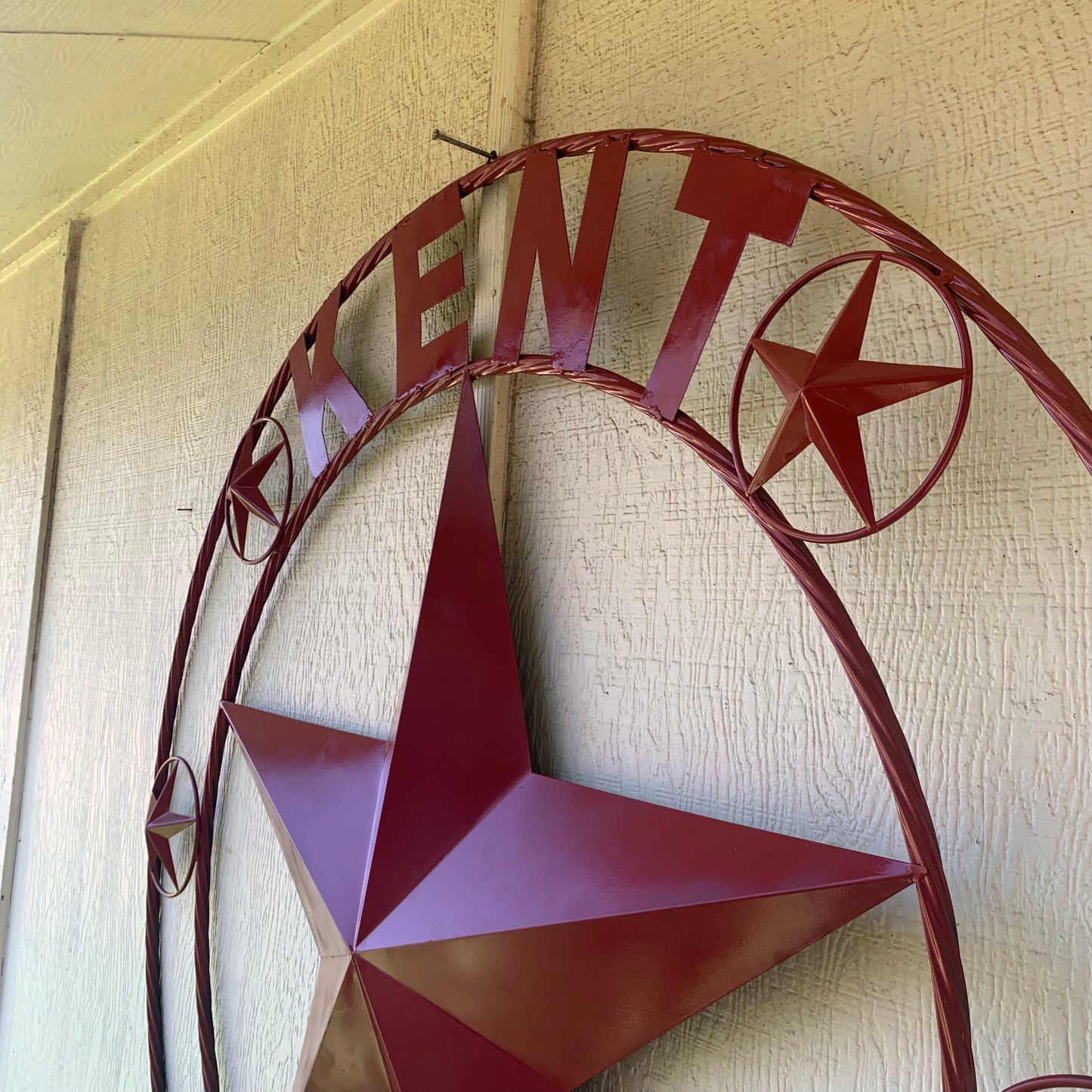 KENT STYLE YOUR CUSTOM STAR METAL NAME RUSTIC BURGUNDY RED CUSTOM 3d STAR METAL NAME BARN STAR TWISTED ROPE RING DESIGN METAL WALL ART HOME DECOR ANY SIZE