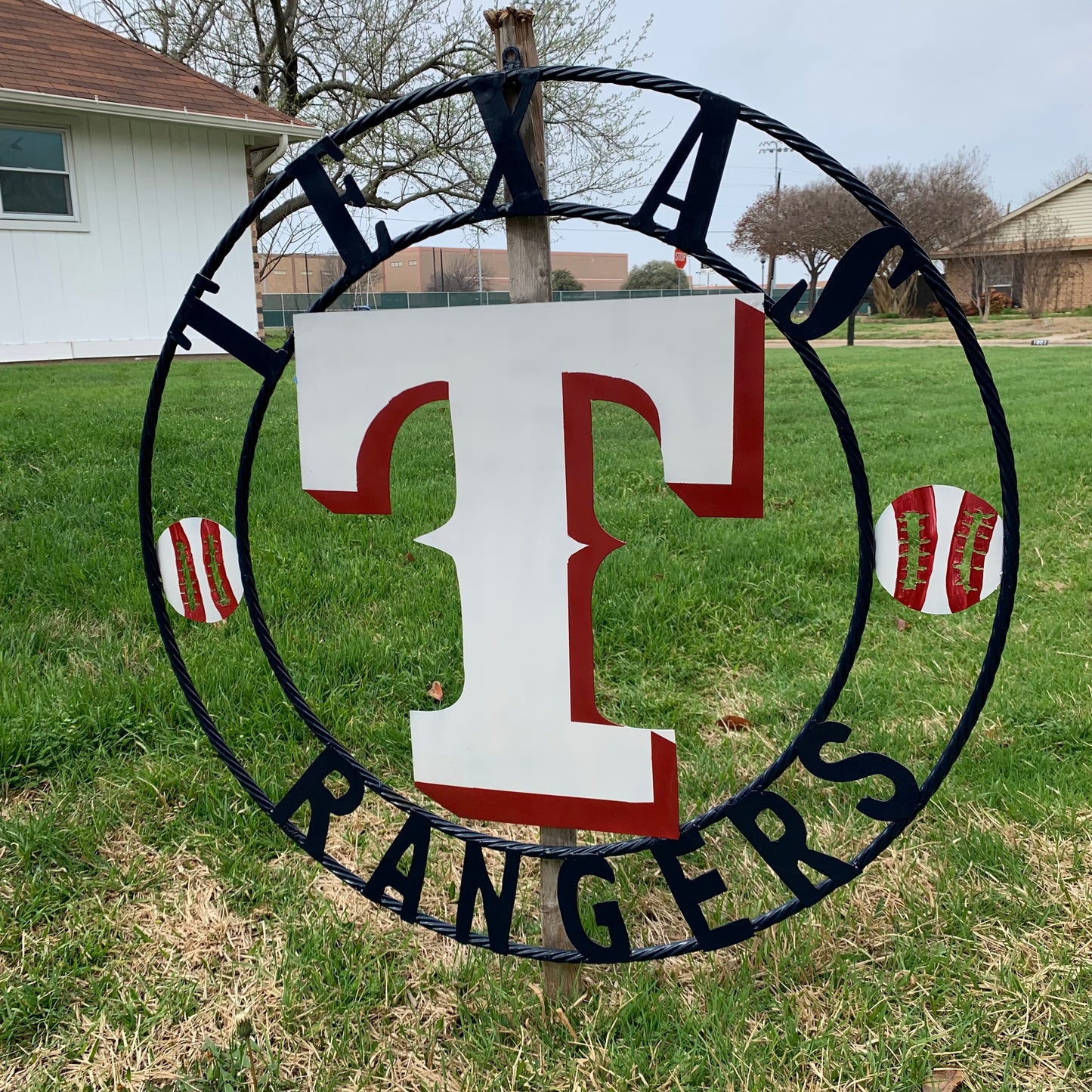 TEXAS RANGERS CUSTOM METAL VINTAGE CRAFT TEAM SIGN WHITE & RED & NAVY BLUE RING HANDMADE