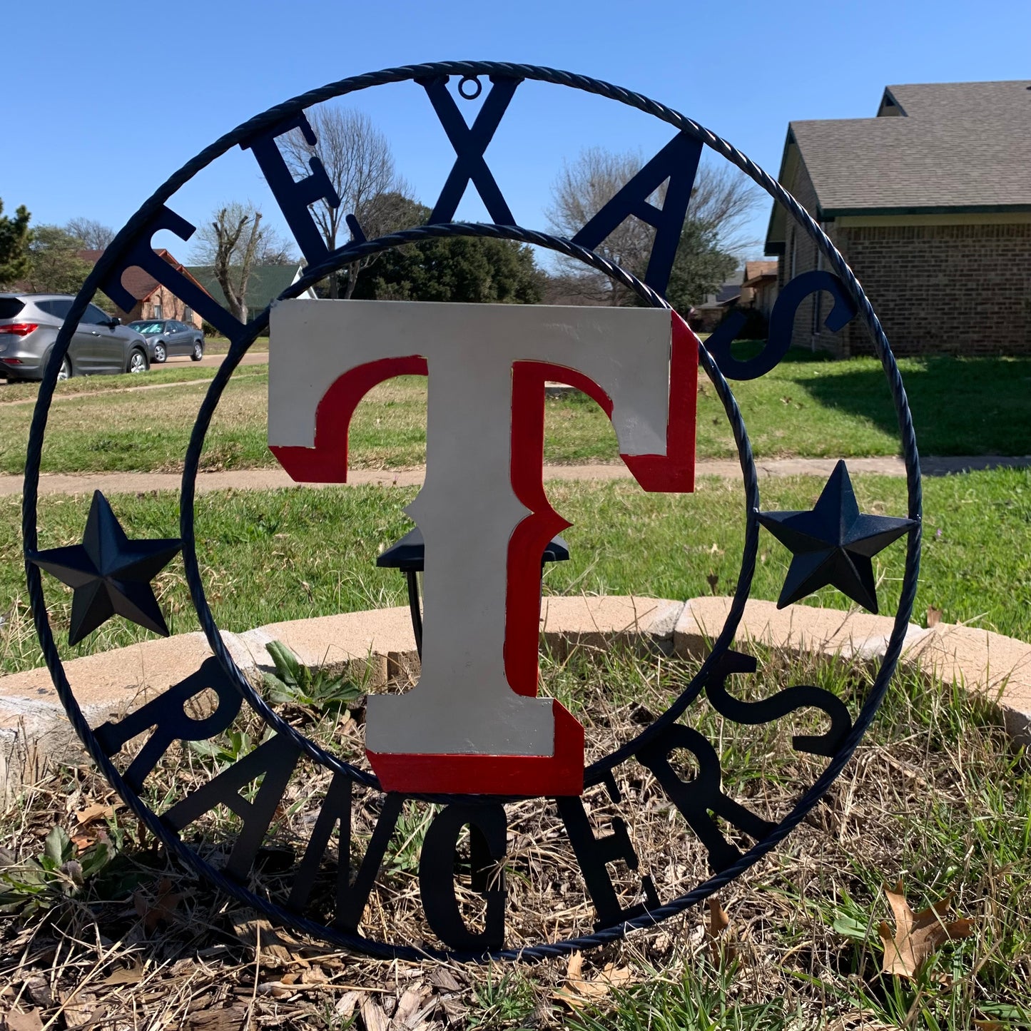 12", 18", 24", 32" TEXAS RANGERS BARN CUSTOM METAL VINTAGE CRAFT SIGN TEAM  WHITE & RED & NAVY BLUE RING & STAR HANDMADE
