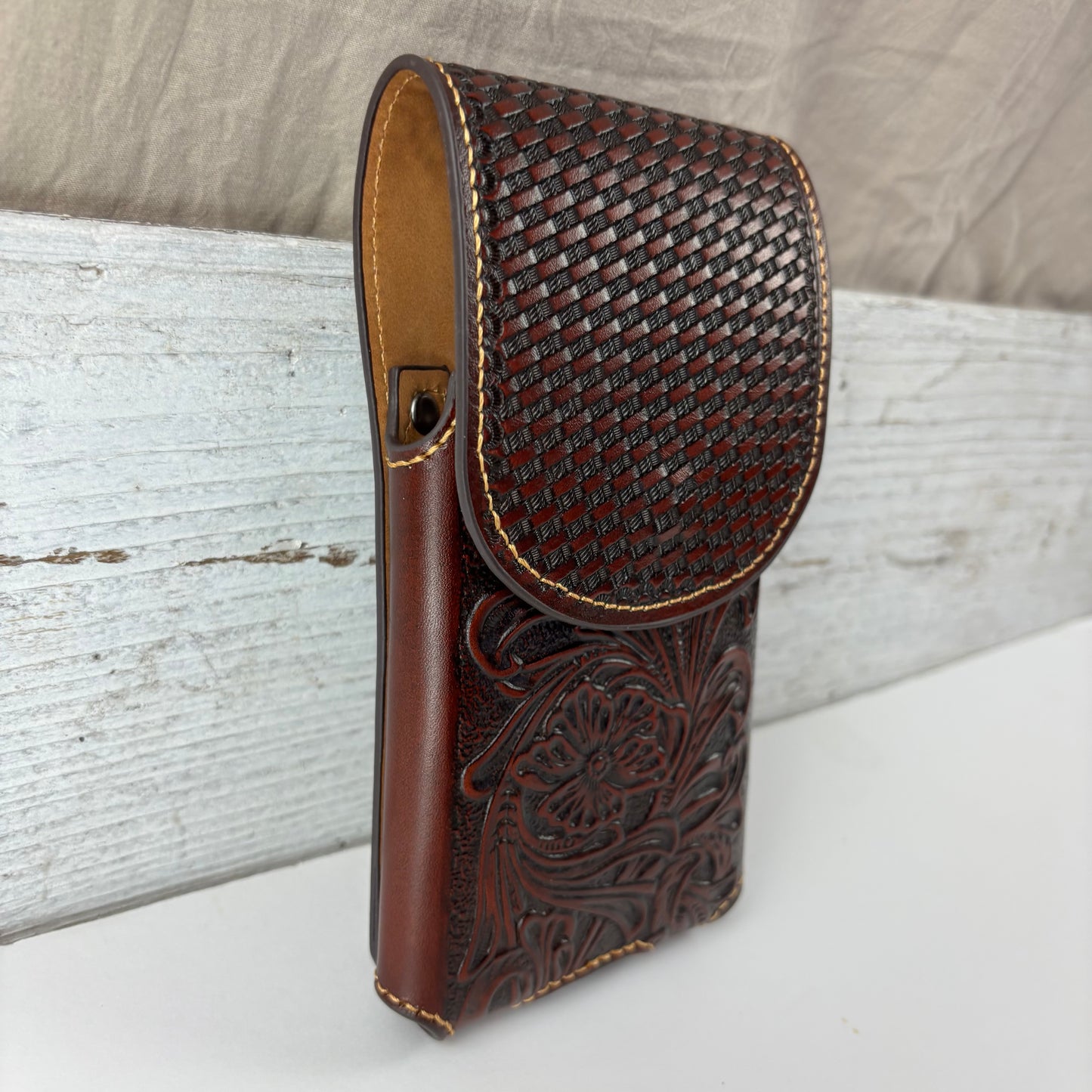 7" PLAIN FLORAL LEATHER HOLSTER BROWN STAR POUCH EXTRA LARGE  BELT LOOP CELL PHONE CASE UNIVERSAL OVERSIZE