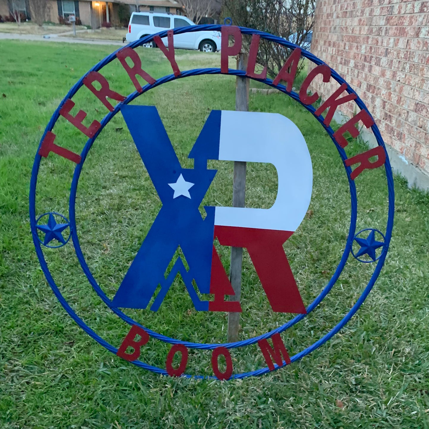#EH11299 CUSTOM NAME XR ROOFING STYLE SIGN RED,WHITE & BLUE TEXAS FLAG LOGO HANDMADE