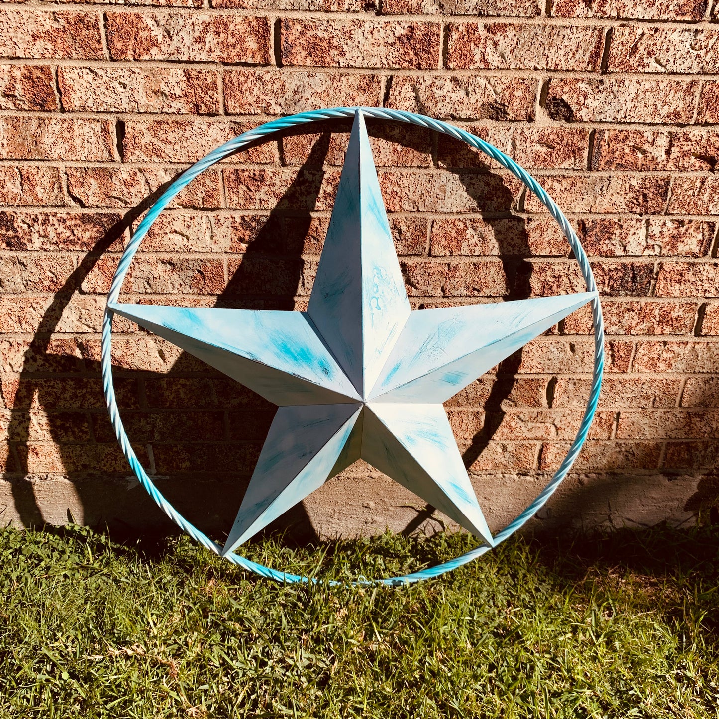 #EH11219 TURQUOISE WHITE DISTRESSED STAR TWO TONE TEXTURE BARN STAR METAL LONESTAR TWISTED ROPE RING WESTERN HOME DECOR HANDMADE NEW