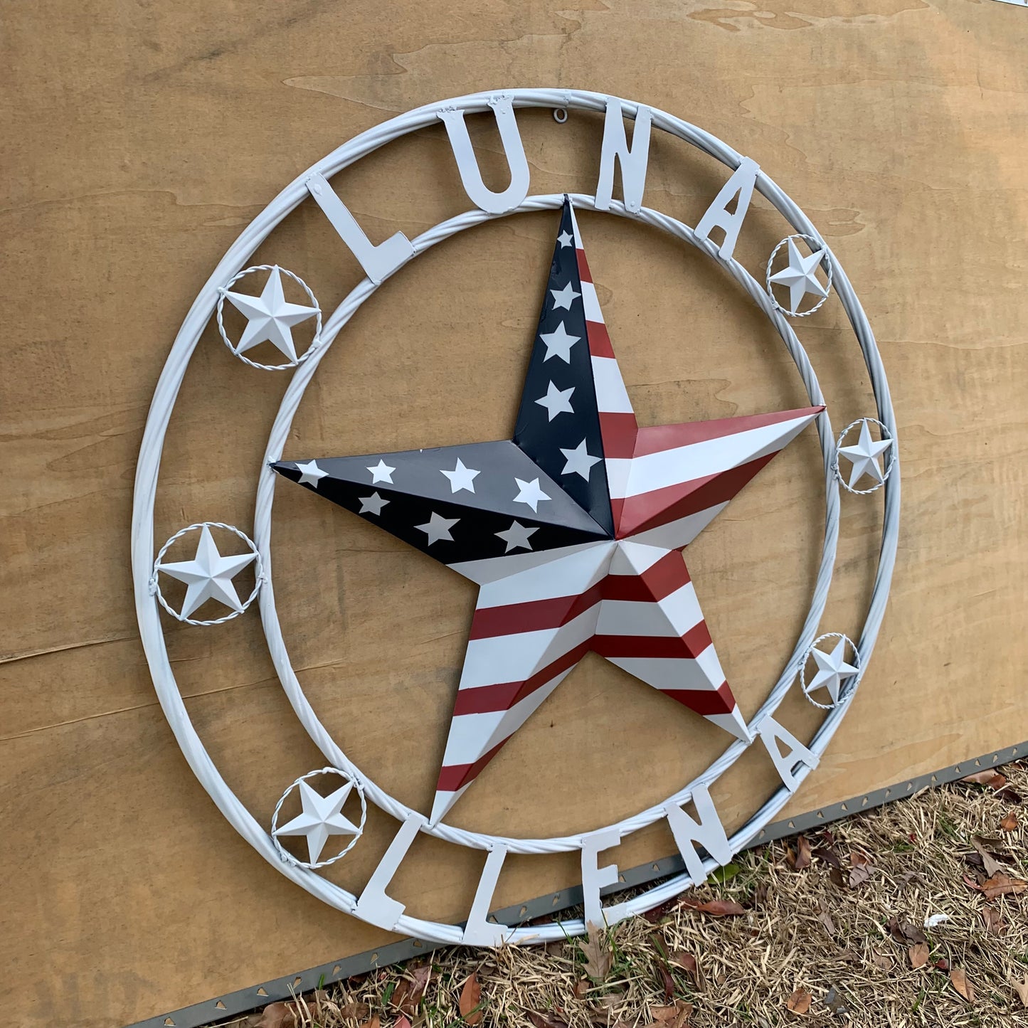 LUNA STYLE CUSTOM NAME BARN STAR METAL STAR 3d TWISTED ROPE RING WESTERN HOME DECOR USA FLAG STAR RED WHOTE & BLUE WITH WHITE RING HANDMADE 24",32",36",50"