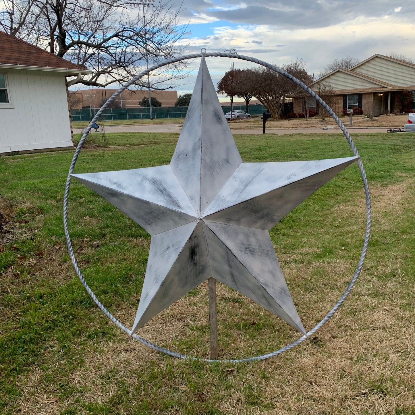 5 FOOT WHITE DISTRESSED STAR TWO TONE TEXTURE BARN STAR METAL LONESTAR TWISTED ROPE RING WESTERN HOME DECOR HANDMADE NEW